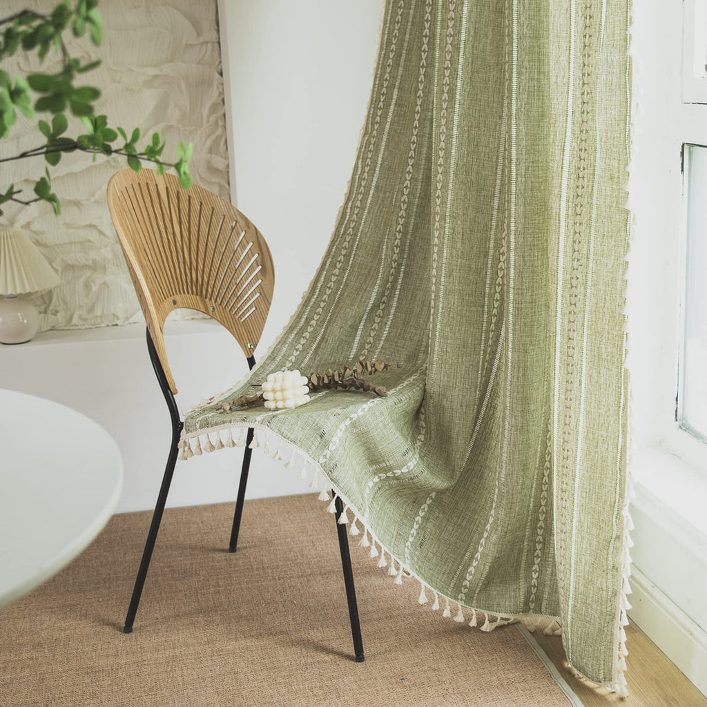 Sutuo Home Boho Curtains For Bedroom Living Room Kitchen, Semi-Blackout French Country Farmhouse Vintage Linen Shabby Chic Tassels Hollow Window Treatment Bohemian Drape, 1 Panel 52' W X 63' L, Green