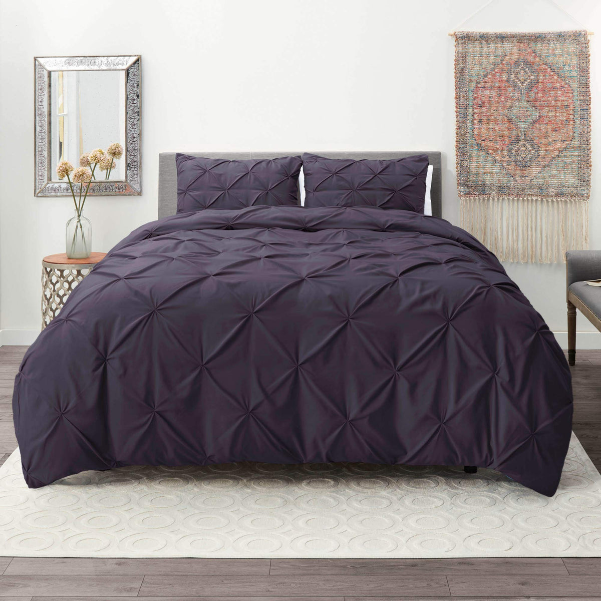 Nestl California King Duvet Cover Sets Purple - Pintuck Duvet Cover California King, 3 Piece Duvet Cover With Button Closure, 1
