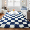KICMOR Living Room Rug 5x7 Checkered Fluffy Area Rug, Navy Blue and Cream White Fuzzy Shag Shaggy Bedroom Carpets, Soft Plush In