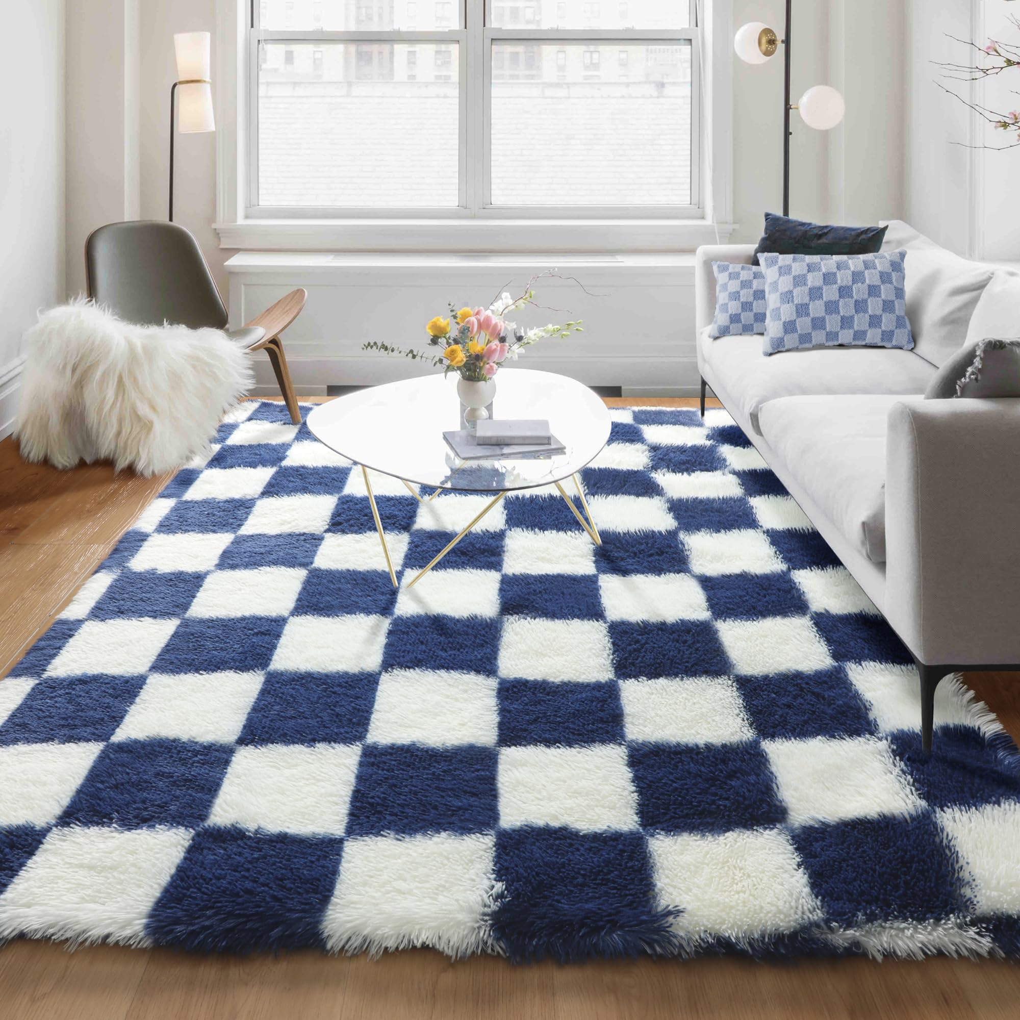 KICMOR Living Room Rug 5x7 Checkered Fluffy Area Rug, Navy Blue and Cream White Fuzzy Shag Shaggy Bedroom Carpets, Soft Plush In