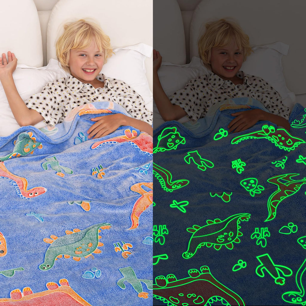 inhand Glow in The Dark Blanket Dinosaur Gift Toys for Kids Boys Girls Fluffy Cozy Dinosaur Fleece Kids Blanket Birthday Christm
