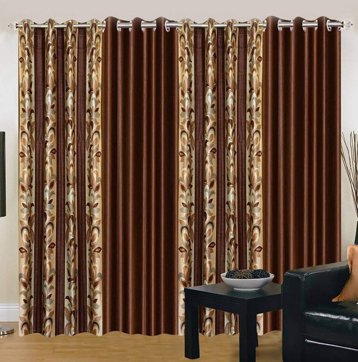 Kiara Creations 4 Piece Combination Polyester Curtains (2 Plain + 2 Printed) for Long Door 9 Feet (Pack of 4) Brown