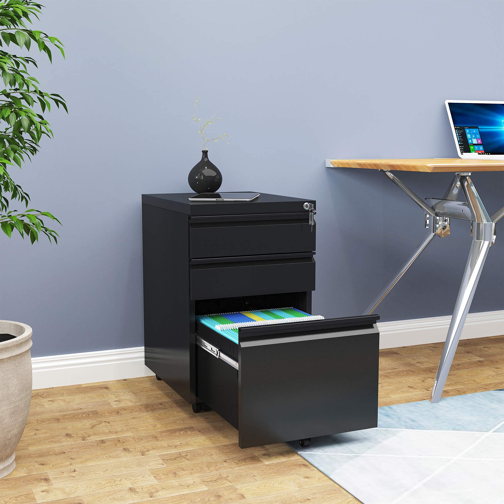 Yitahome 3-Drawer Mobile File Cabinet With Lock, Office Storage Filing Cabinet For Legal/Letter Size, Pre-Assembled Metal File Cabinets Except Wheels Under Desk -Black