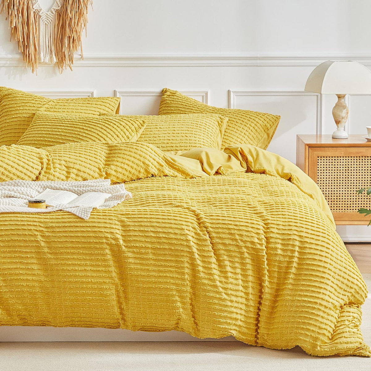 Warmdern Boho Duvet Cover Set Queen Size,Yellow Striped Duvet Cover Microfiber Bedding Set,3Pcs Ultra Soft Breathable Lightweigh