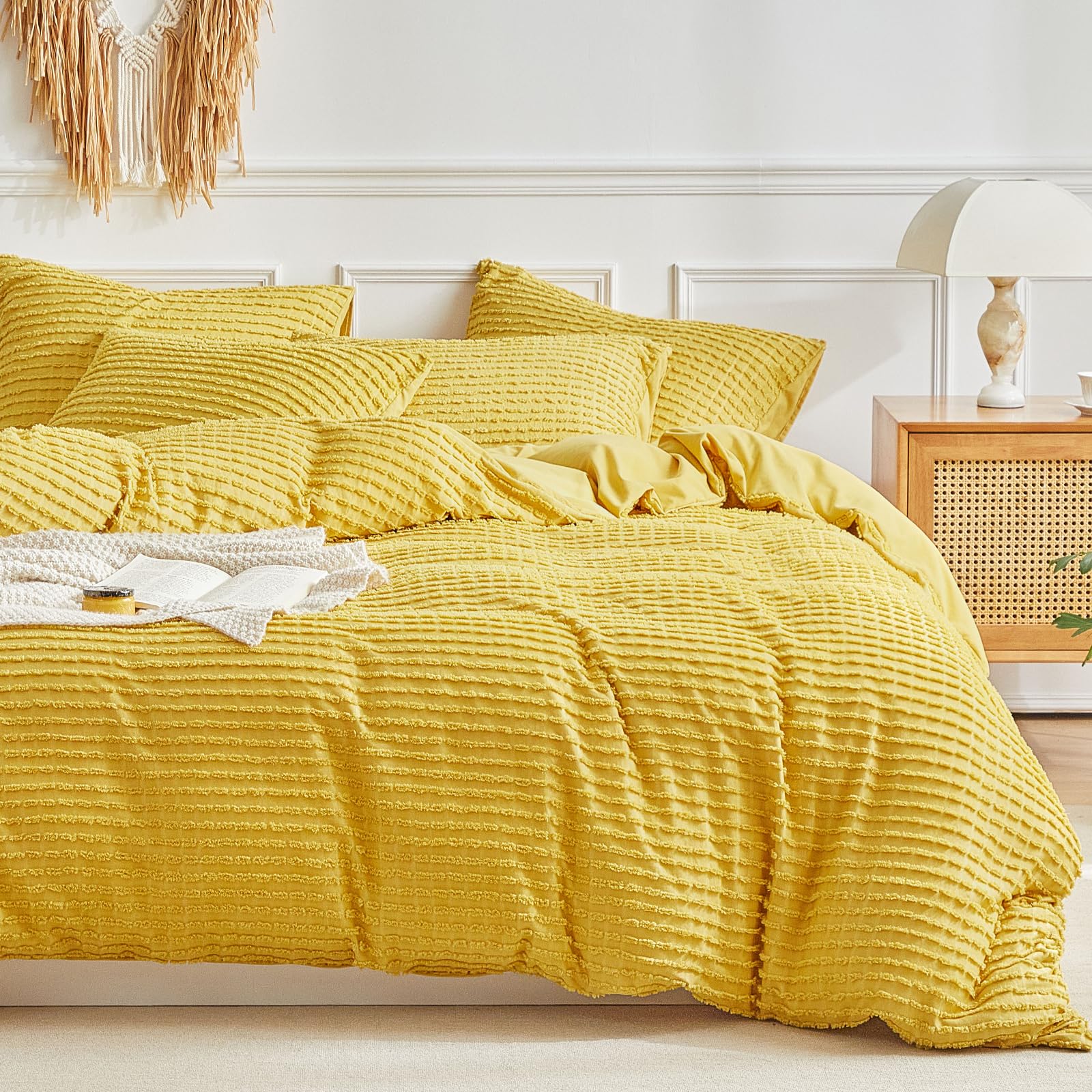 Warmdern Boho Duvet Cover Set King Size,Yellow Striped Duvet Cover Microfiber Bedding Set,3Pcs Ultra Soft Breathable Lightweight
