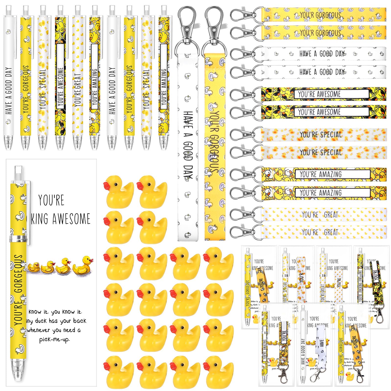 Spakon 72 Pcs Duck Pens Gifts Sets Include Yellow Duck Lanyard Inspirational Key Chains Cute Duck Ballpoint Pen Resin You'Re Awe