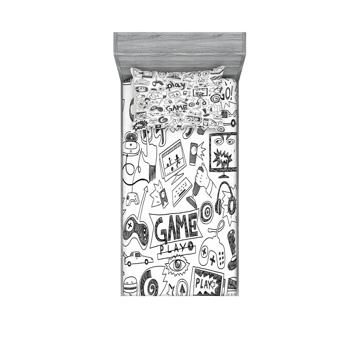 Ambesonne Gamer Themed Home And Dorm Decor Bedding Set With Sheet & Covers Monochrome Sketch Style Gaming Racing Video Games Gee