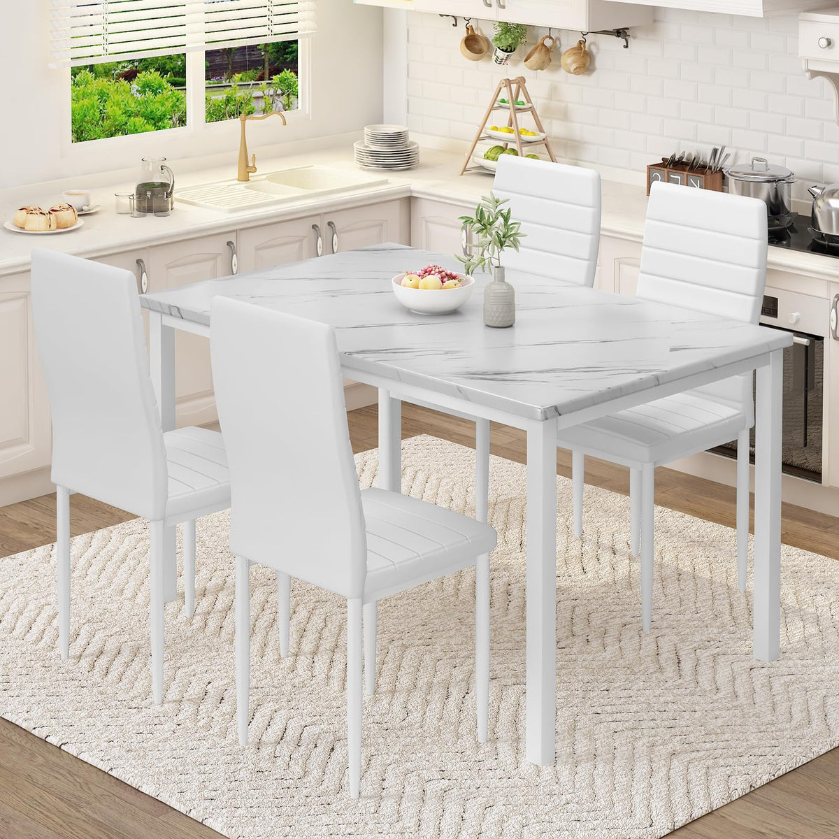Recaceik 5 Piece Dining Table Set,Small Dining Table Set For 4, Faux Marble Dinner Table Set With 4 Upholstered Pu Leather Chair