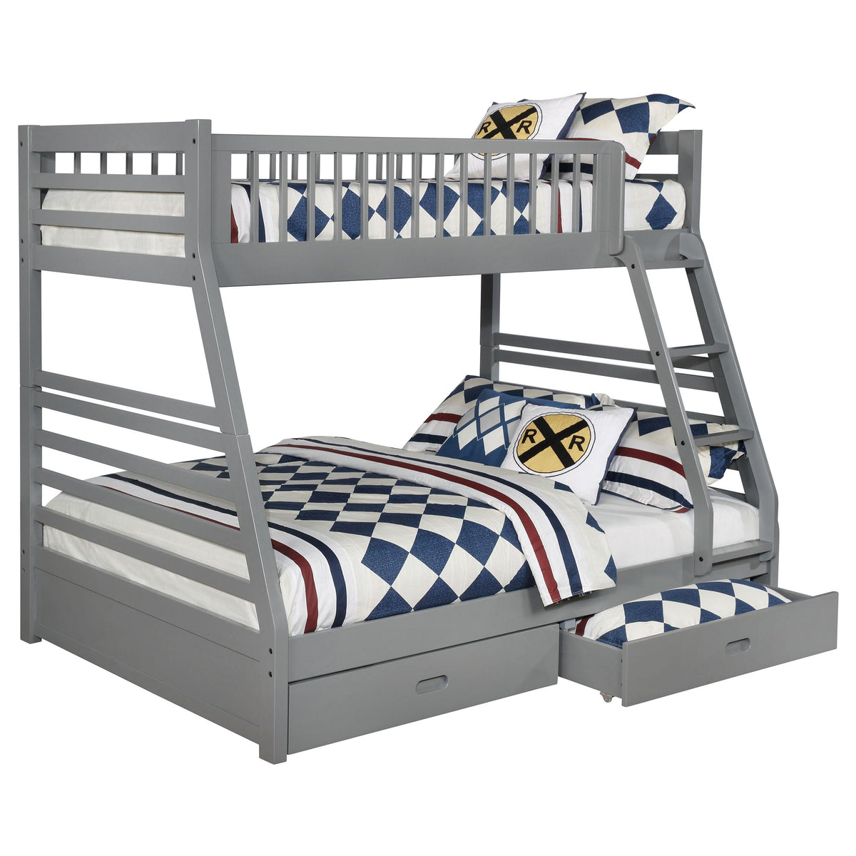 Coaster Home Furnishings Ashton Transitional Wood Twin Over Full Size Bunk Bed Frame with Ladder and Guardrails with Two Storage Drawers Fully Slatted Mattress Ready Foundation Grey 460182