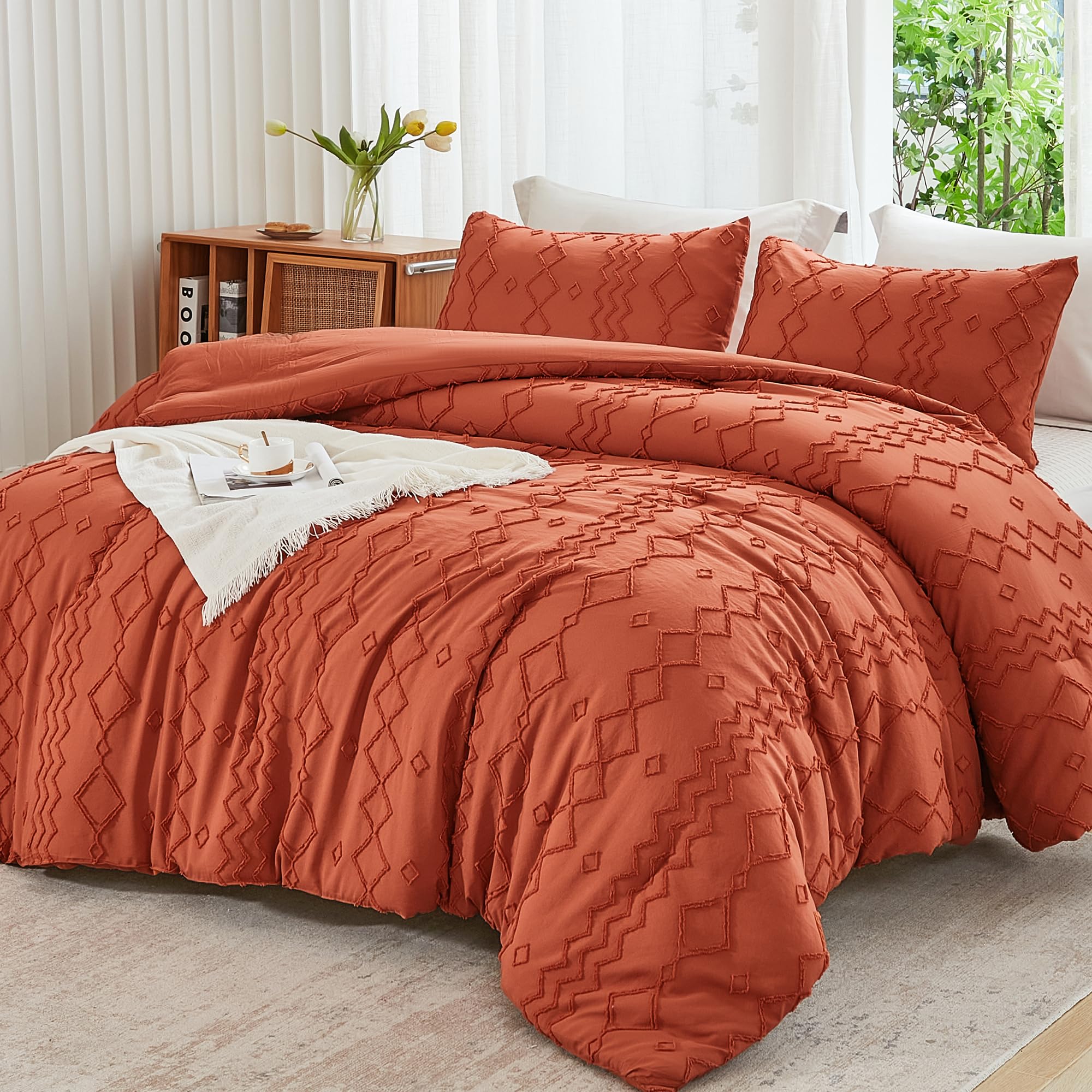 Andency Terracotta Tufted Comforter Set King(104X90Inch), 3 Pieces(1 Boho Comforter, 2 Pillowcases) Textured Farmhouse Comforter, Soft Microfiber Down Alternative Geometric Comforter Bedding Set