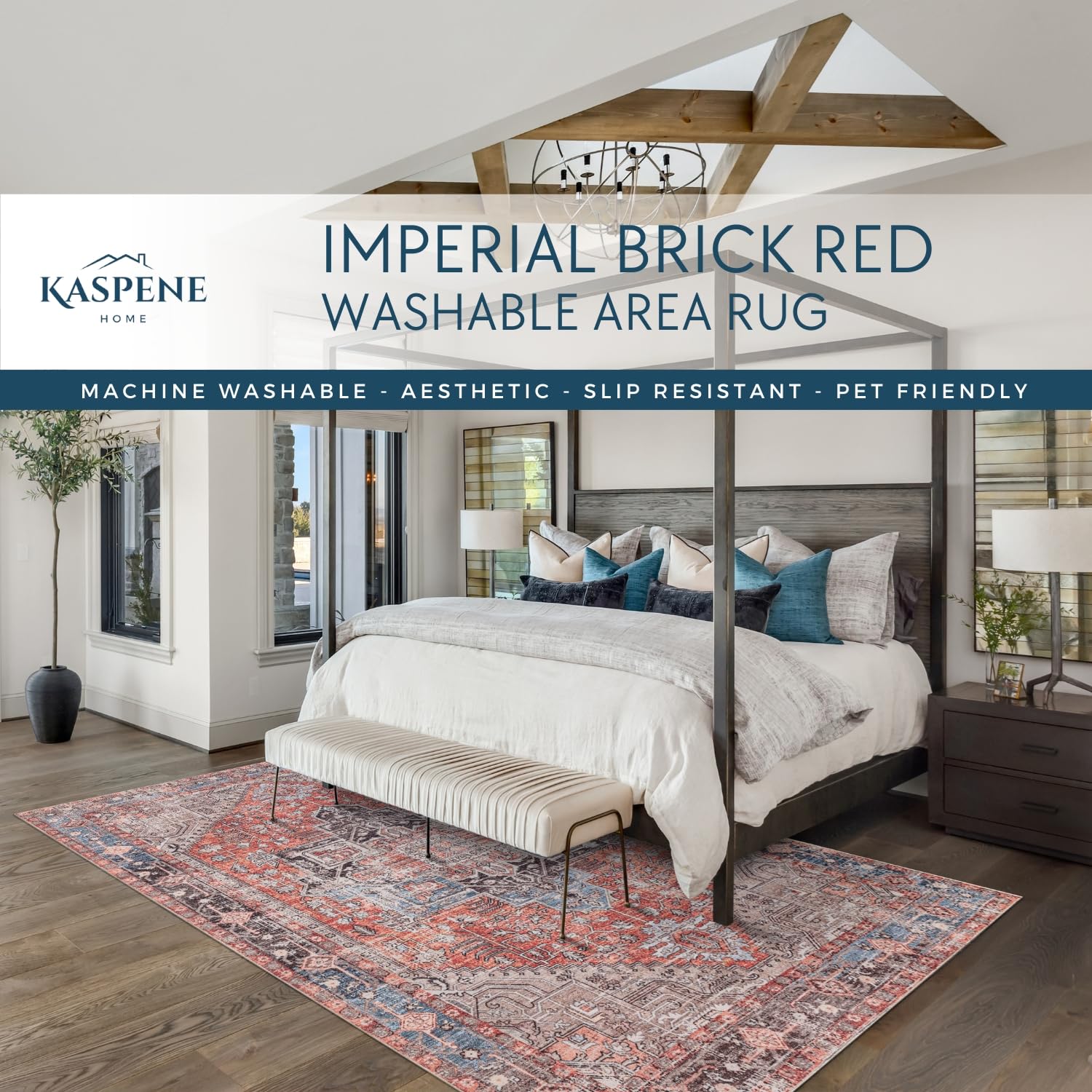 Kaspene Home Brick Red Washable Rug, Kid And Pet Friendly, Non-Slip, High Traffic Durable, Great For Living Room, Bedroom, Compl