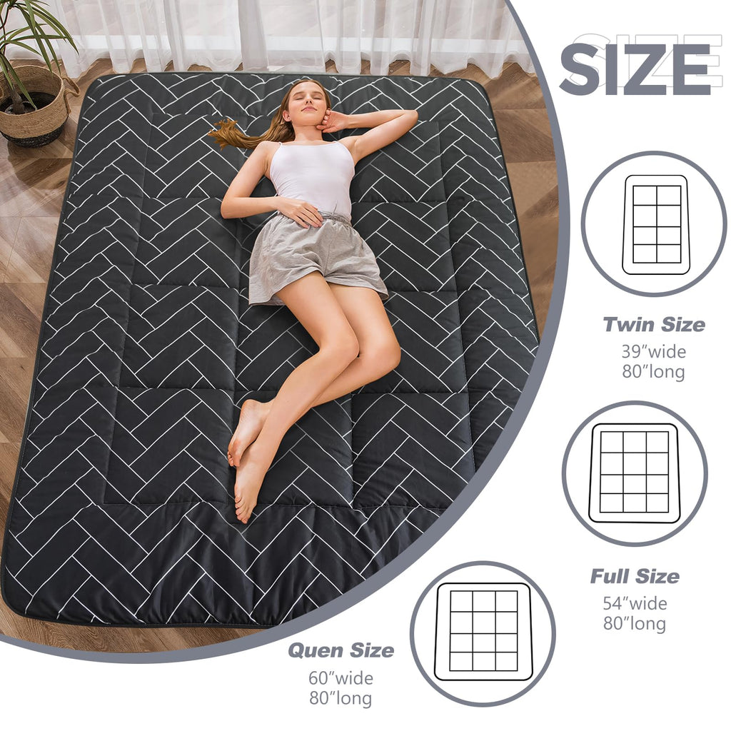 Maxyoyo Black Geometric Pattern Futon Mattress, Japanese Floor Mattress Quilted Bed Mattress Topper, Extra Thick Folding Sleeping Pad Breathable Floor Lounger Guest Bed For Camping Couch, Full