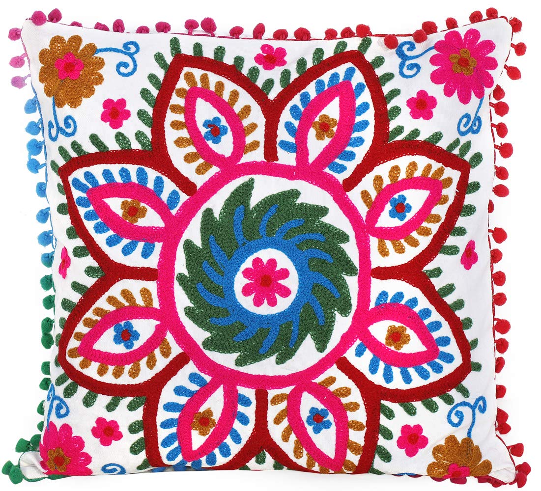 Exotic India LilyWhite Cushion Cover With Giant Multicolor AriEmbroidered Flower  Pure Cotton