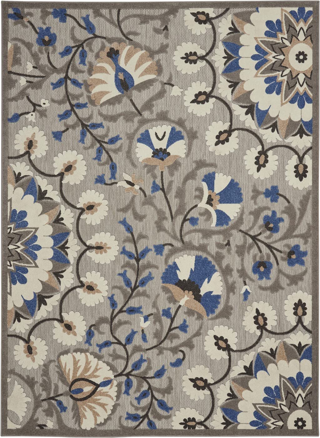 HomeRoots Grey/Multi 100% Polypropylene 8’ x 11’ Gray and Blue Vines Indoor Outdoor Area Rug