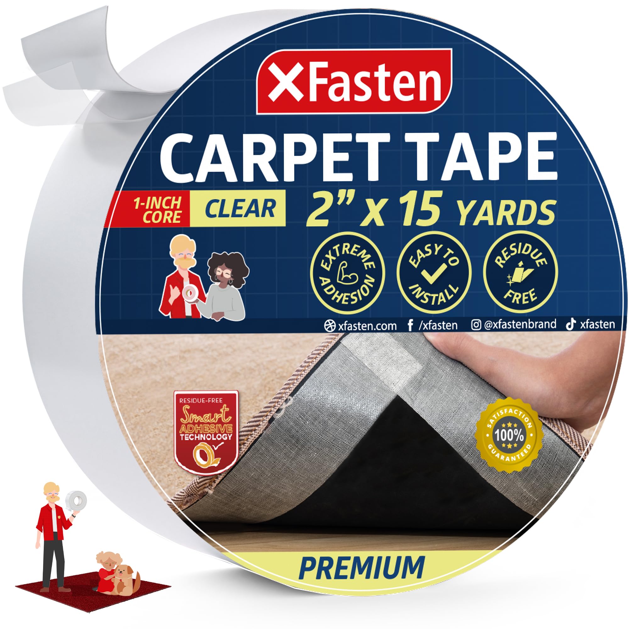 Xfasten Double Sided Carpet Tape For Area Rugs On Carpet 2 Inch X 15 Yards No Residue Clear Adhesive Rug Tape Hardwood Floor No
