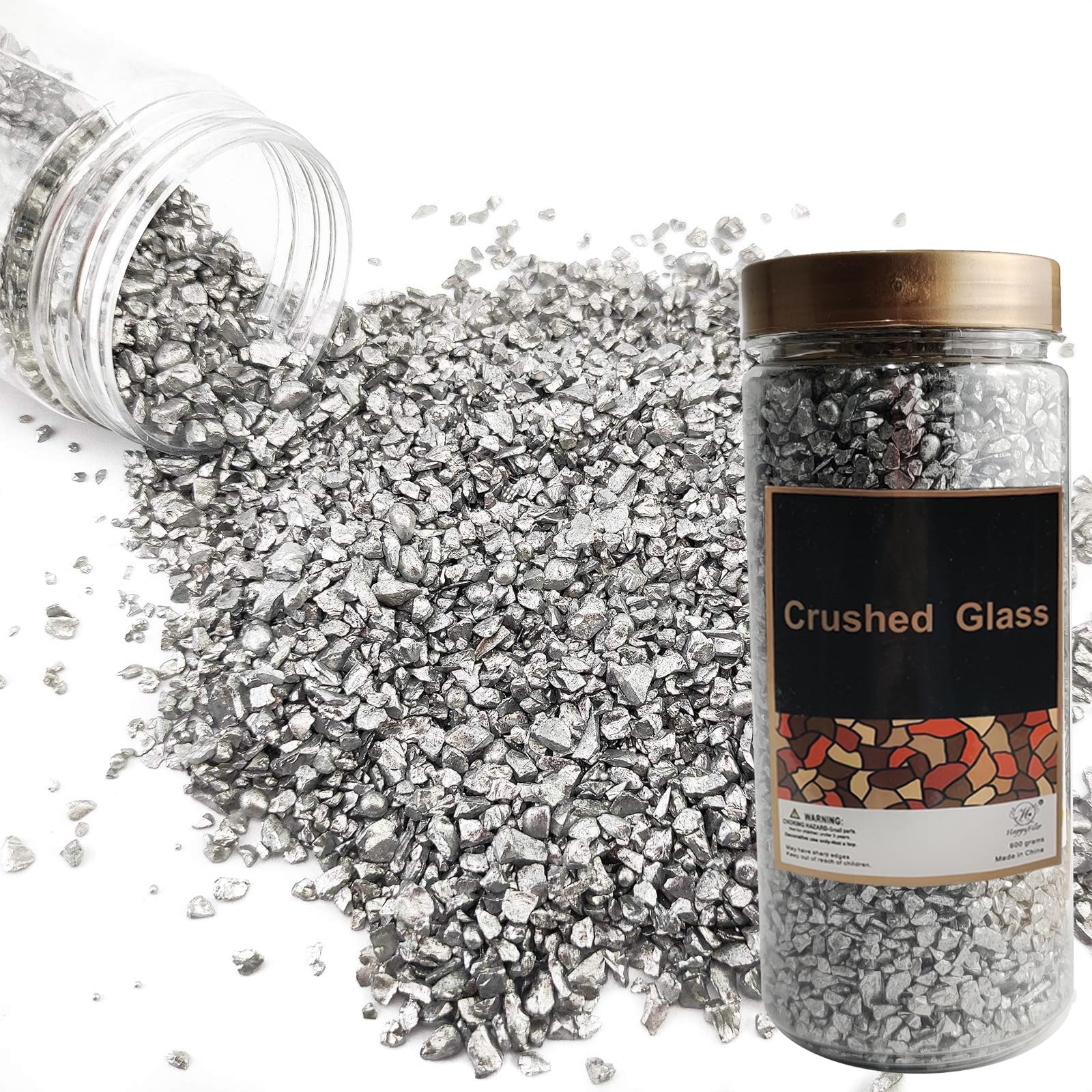 HappyFiller Decorative Crushed Silver Glass Sand Pearlized Gravel Reflective Pebble Stone 1.3 Pound(1.5 Cup) for Resin Arts,Home
