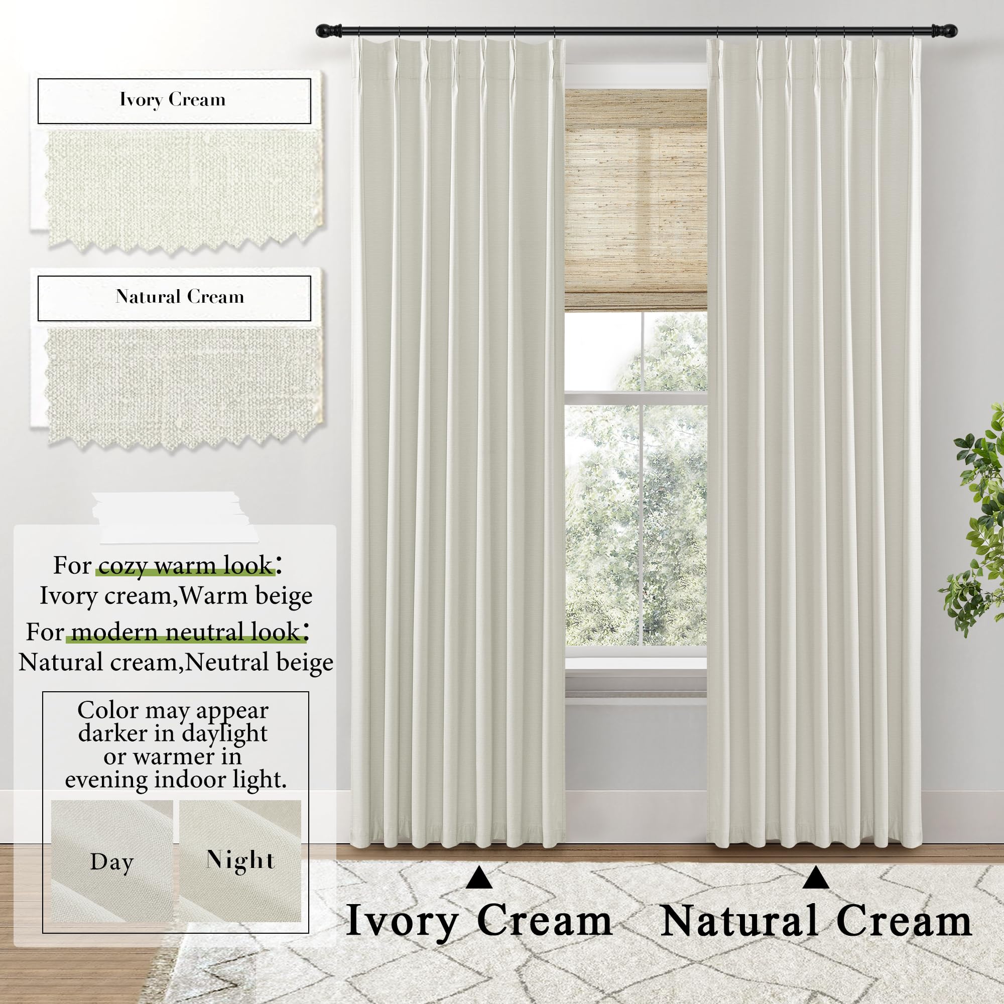Shineland 108 Inch Curtains Long,Pinch Pleated Curtains Blackout Linen Black Out Extra Long Curtains For Living Room Drapes 108 Inches Long 2 Panels,Cream