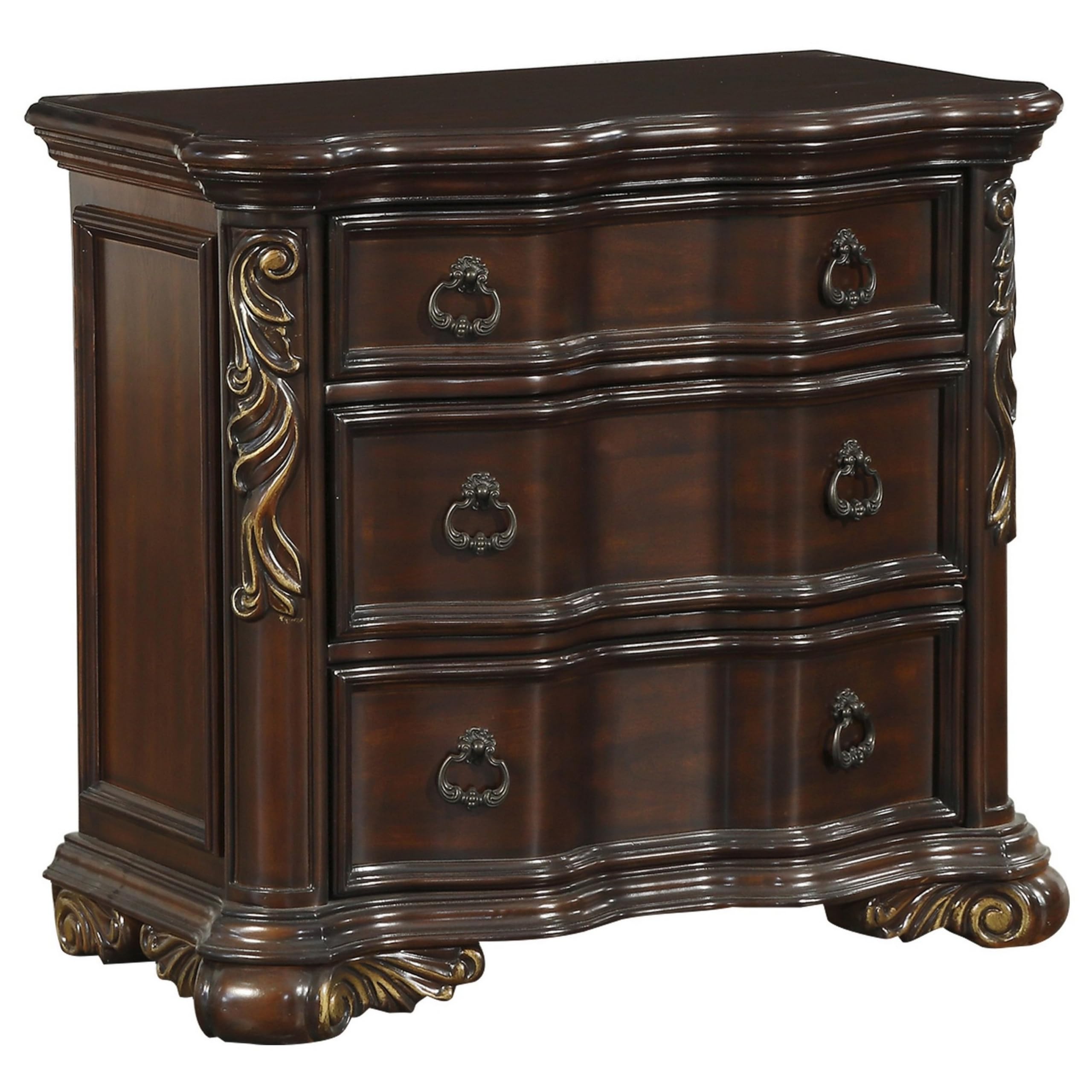 Benjara 3 Drawer Nightstand with Carved Pilaster and Bracket Feet, Brown