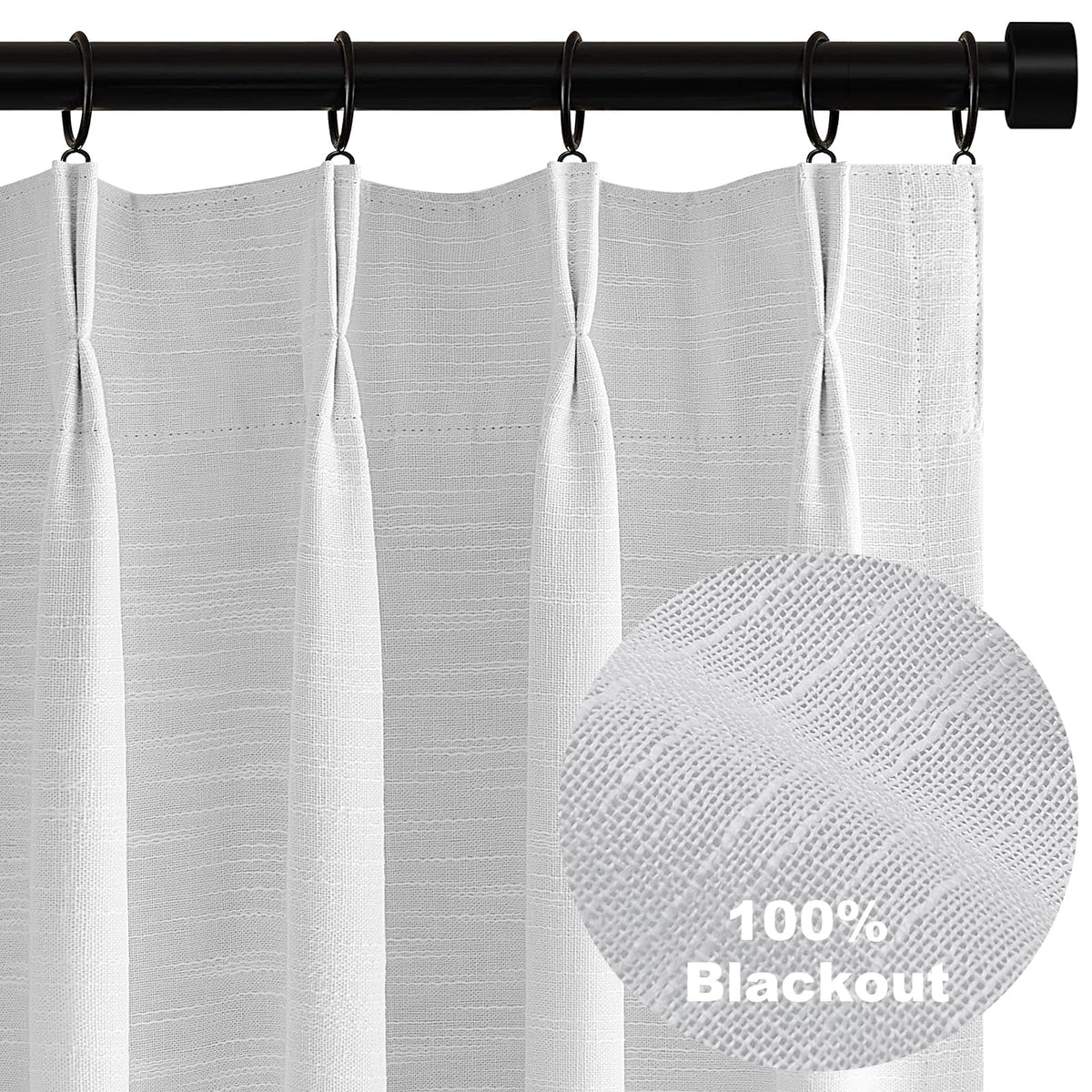 White Extra Long Total Blackout Linen Curtains 108 Inches Long For Living Room Large Window With Hooks Rings,Pinch Pleated Sound