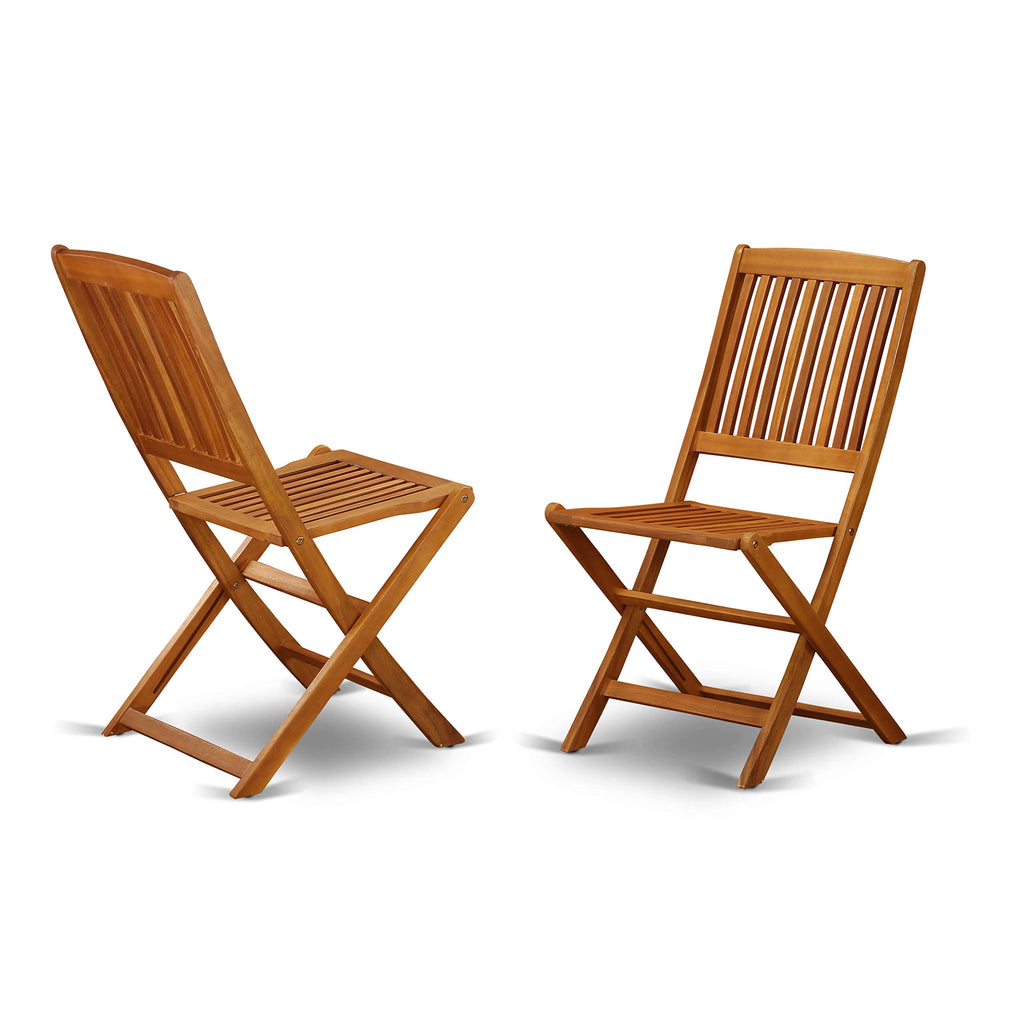 East West Furniture MNCM3CWNA Marion 3 Piece Patio Bistro Set Contains a Round Outdoor Acacia Wood Coffee Table and 2 Folding Side Chairs, 30x30 Inch, Natural Oil