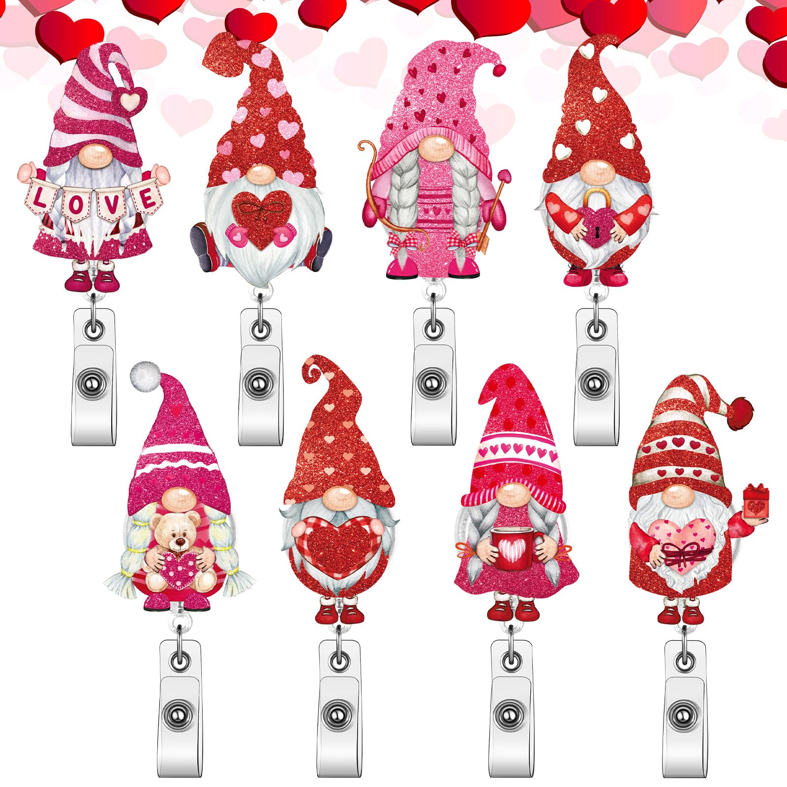 Xunyee 8 Pcs Gnome Valentine'S Day Badge Reel Retractable Acrylic Glitter Holiday Badge Reels Retractable Cute Name Id Holiday H