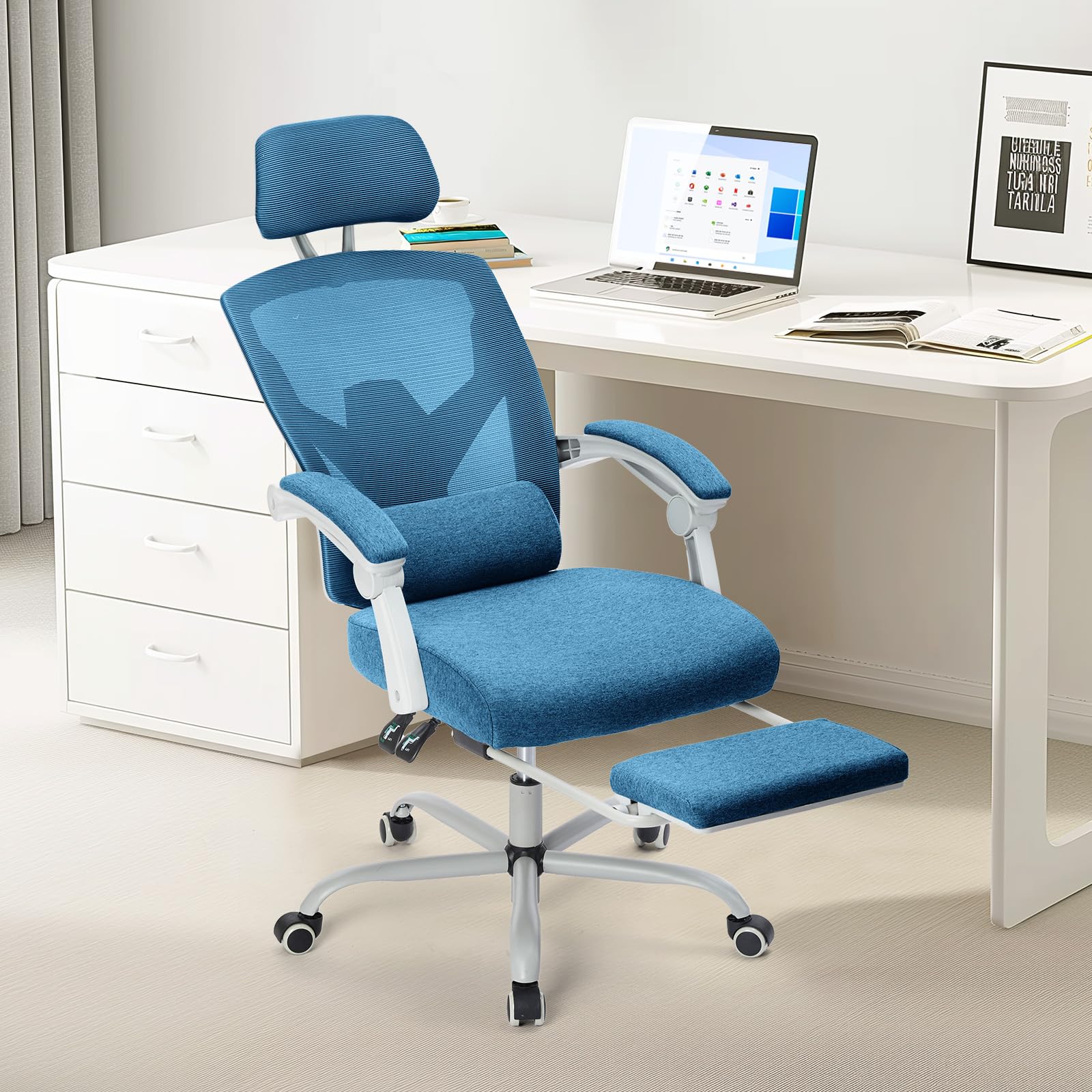 Sweetcrispy Office Computer Desk Chair, Ergonomic High-Back Mesh Rolling Work Swivel Chairs With Wheels, Comfortable Lumbar Support, Comfy Arms For Home, Bedroom, Study, Student, Blue
