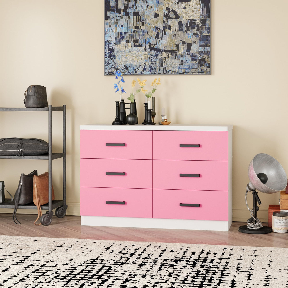 Woodpeckers Furniture And Mattress Double Dresser 6 Drawer DD (White & Pink)