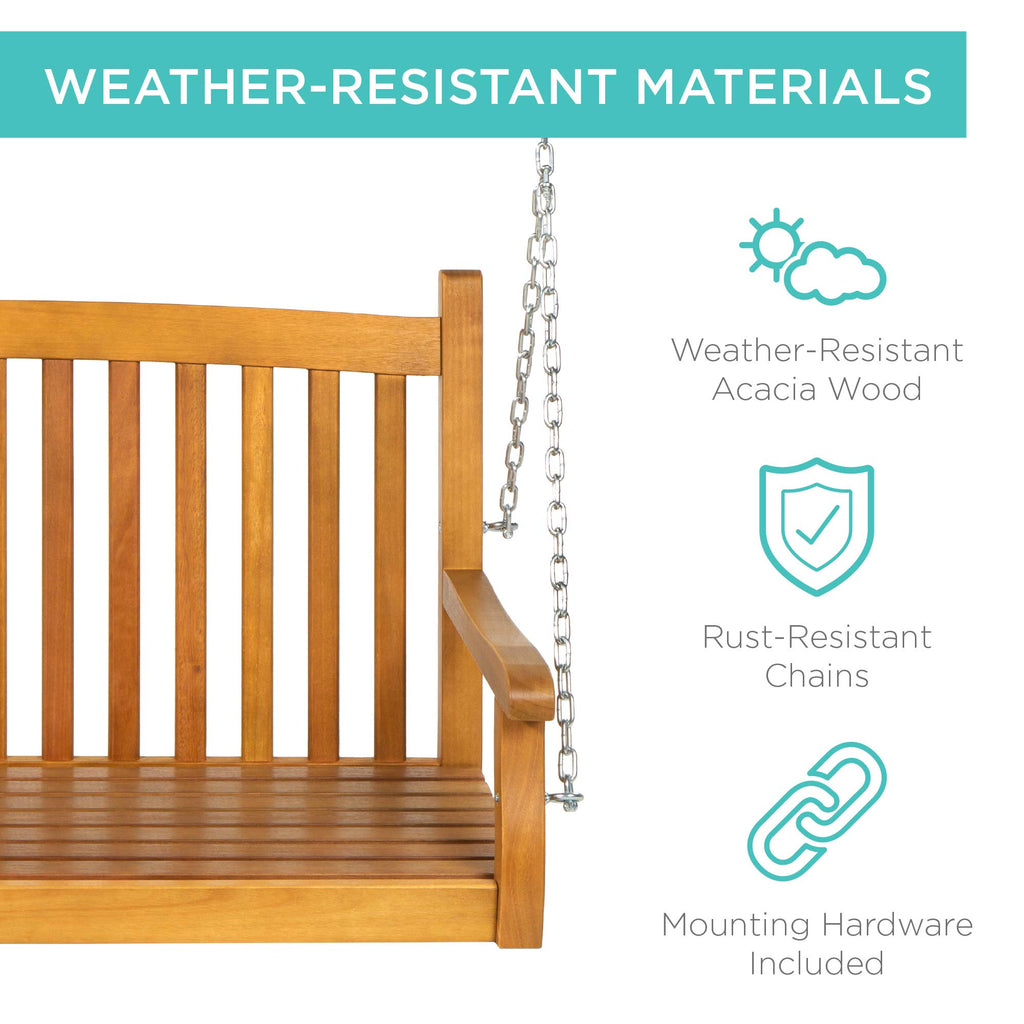 Best Choice Products 48In Wood Porch Swing Outdoor Patio Hanging Bench Chair Furniture For Deck, Garden, Yard W/Mounting Chains, Curved Back Design, 500Lb Weight Capacity - Brown