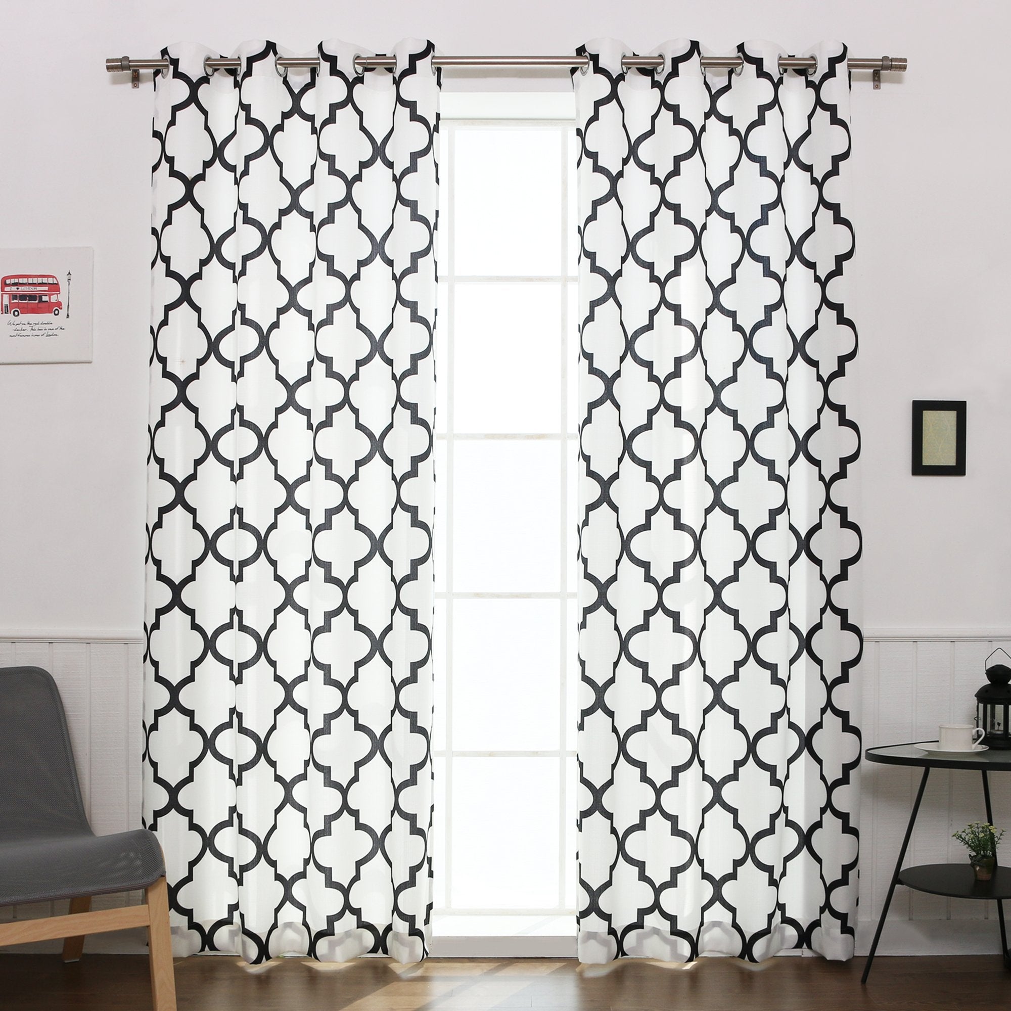 Best Home Fashion Oxford Basketweave Reverse Moroccan Print Curtains - Stainless Steel Nickel Grommet Top - Black - 52' W X 96'