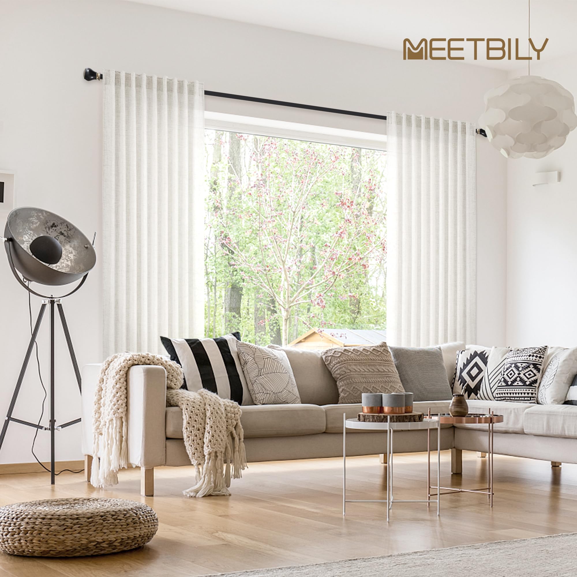 Meetbily 92 Inches Long Modern Farmhouse Linen Curtains For Living Room Rod Pocket Back Tab Sheer Ivory Off White Curtains Neutr