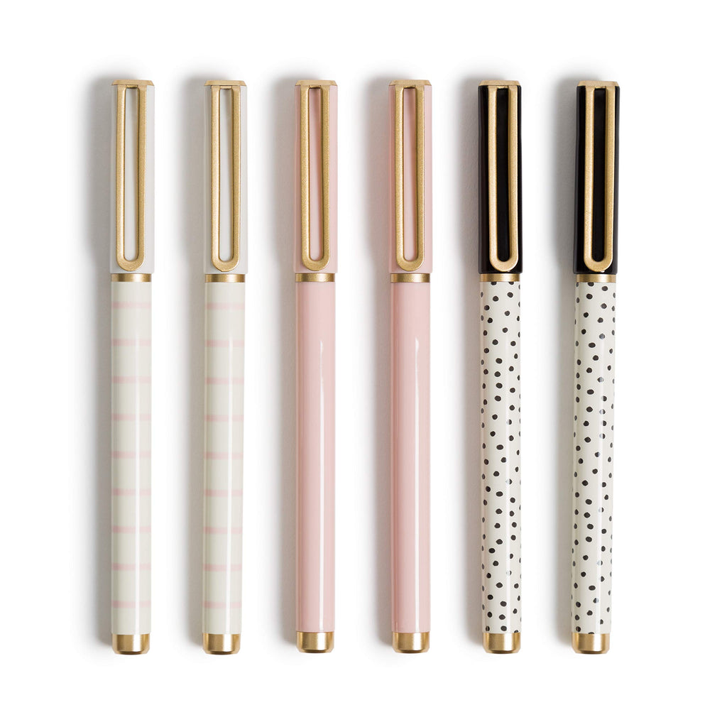 U Brands Catalina Felt Tip Pens, Set Of 6, Classic Chic Stripes And Dots With Gold Details, Medium (0.7 Mm) Point, Black Ink