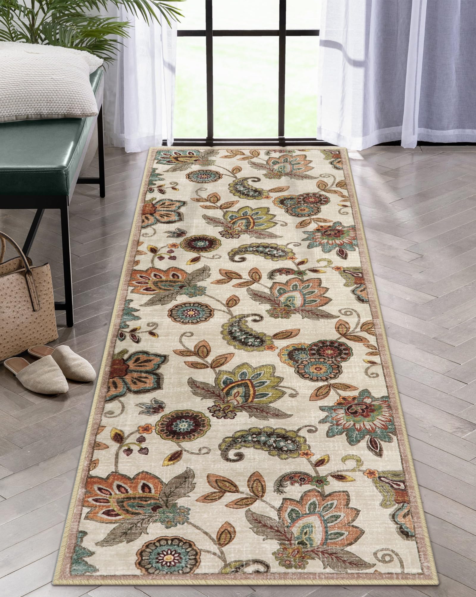 Morebes Floral Kitchen Runner Rug,Washable Runner Rugs for Hallway 2x6,Non-Slip Bath Mat Distressed Paisley Rug Indoor Floor Car
