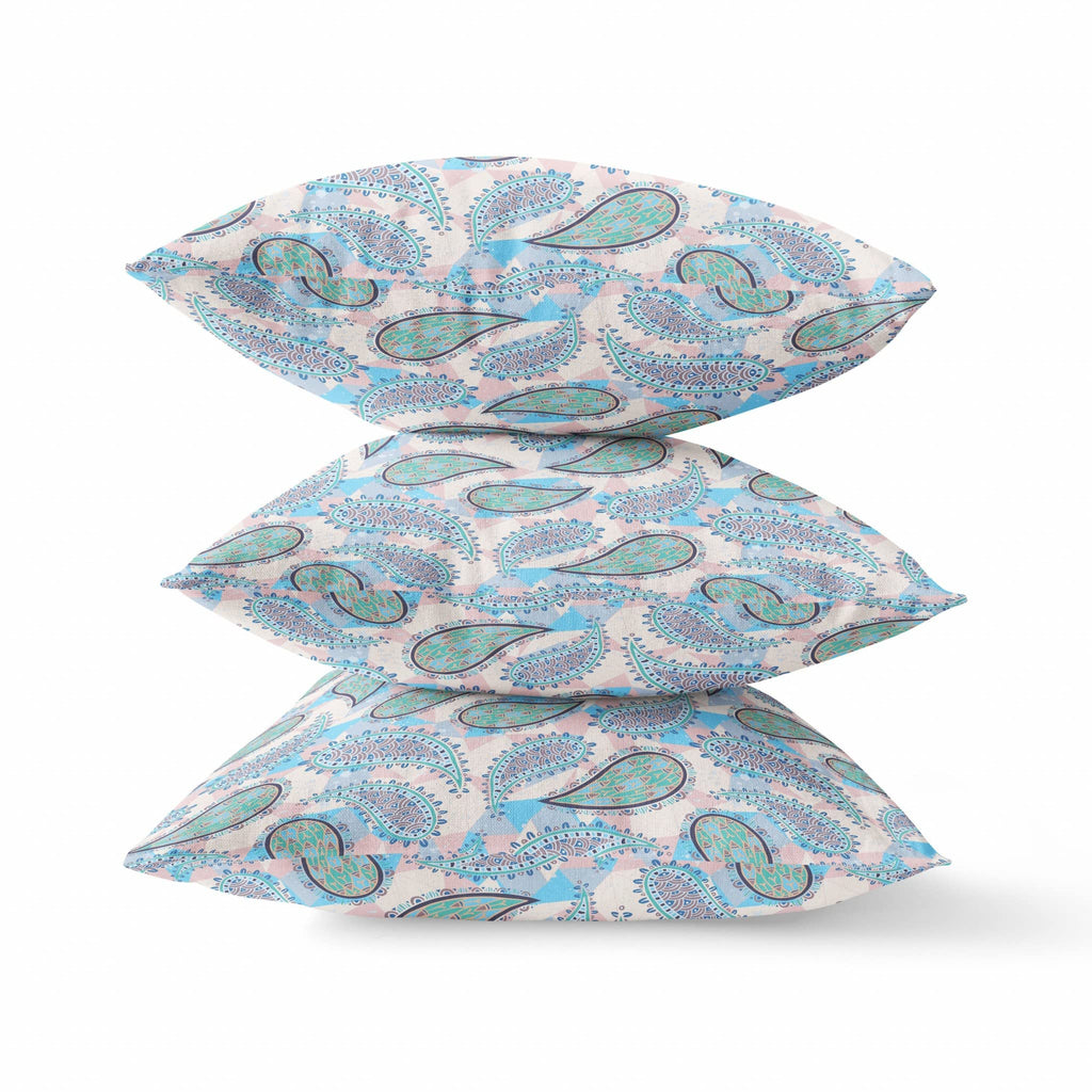 HomeRoots Blue Green Pink Broadcloth 28â€ Blue Green Boho Paisley Indoor Outdoor Throw Pillow