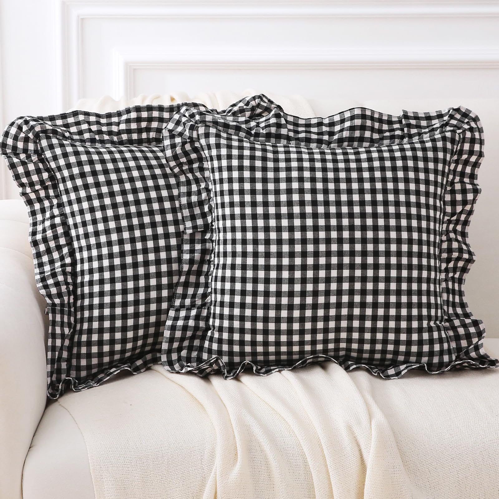 K Masaniji Taupe White Plaid Body Pillow Cover With Ruffles 20X54 Inches, 100% Cotton Rustic French Country Vintage Fall Pillow
