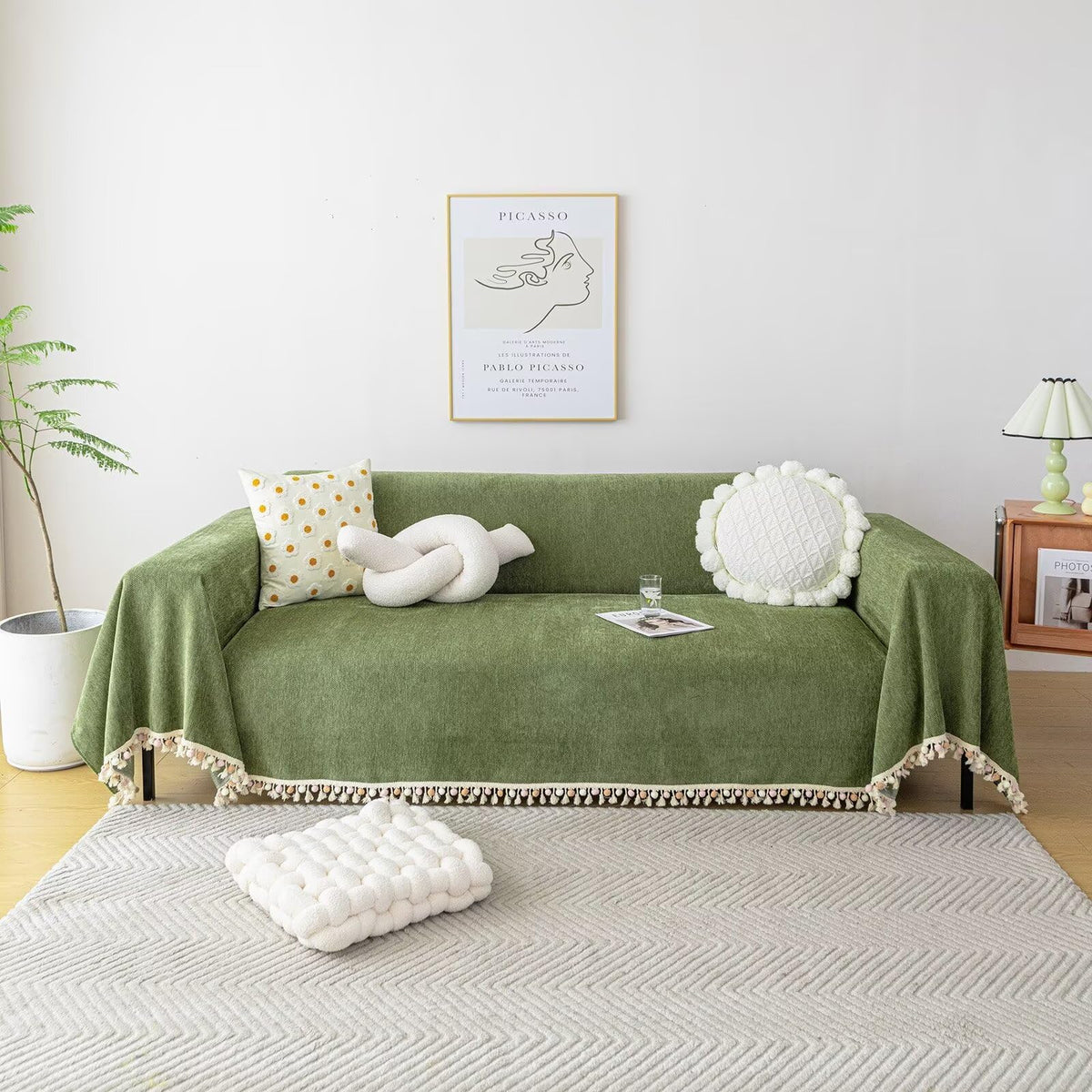 VClife Oversize Large Couch Cover Modern Forest Green Sofa Cover with Ball Tassel Fringe Wear Resistant Pet Friendly Chenille Co