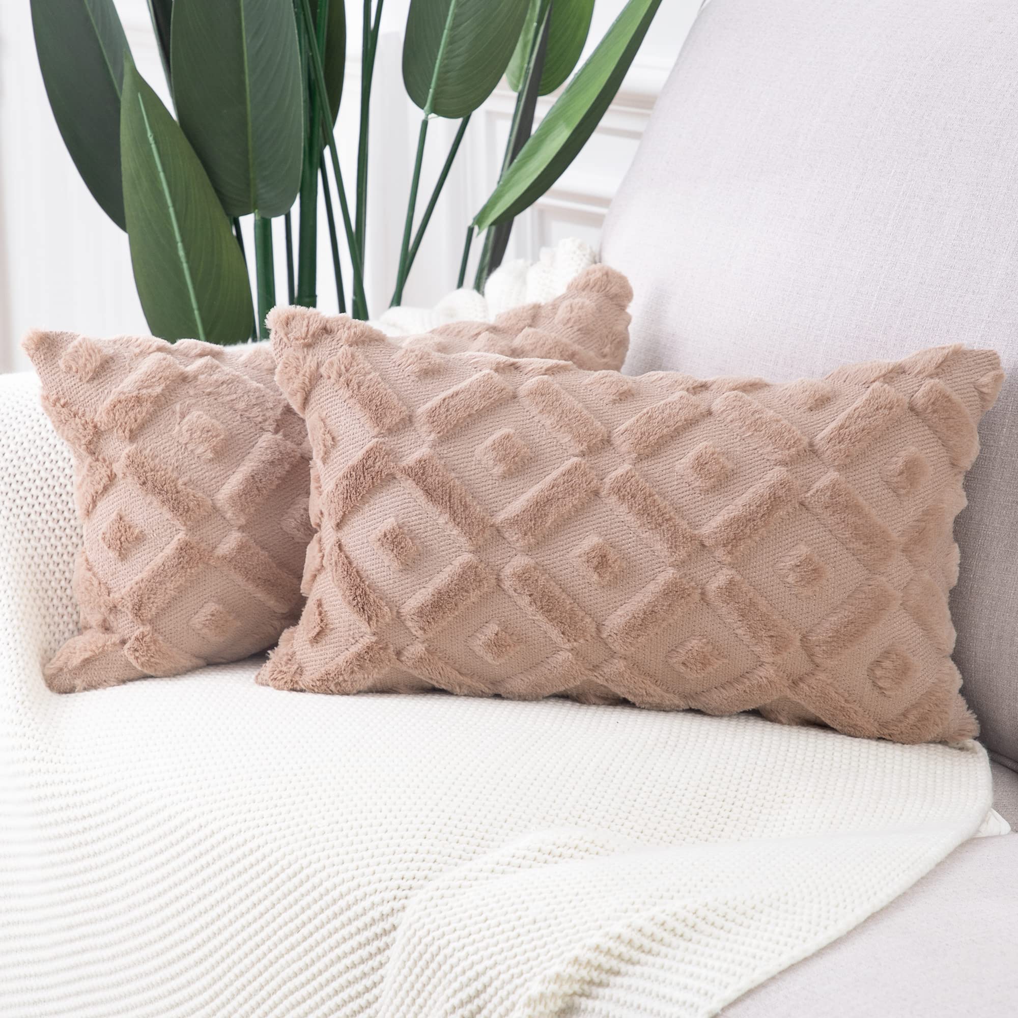 Madizz Set Of 2 Brown Plush Short Wool Throw Pillow Covers 12X20 Inch Rectangular Super Soft Cozy Decorative Velvet Cushion Cove