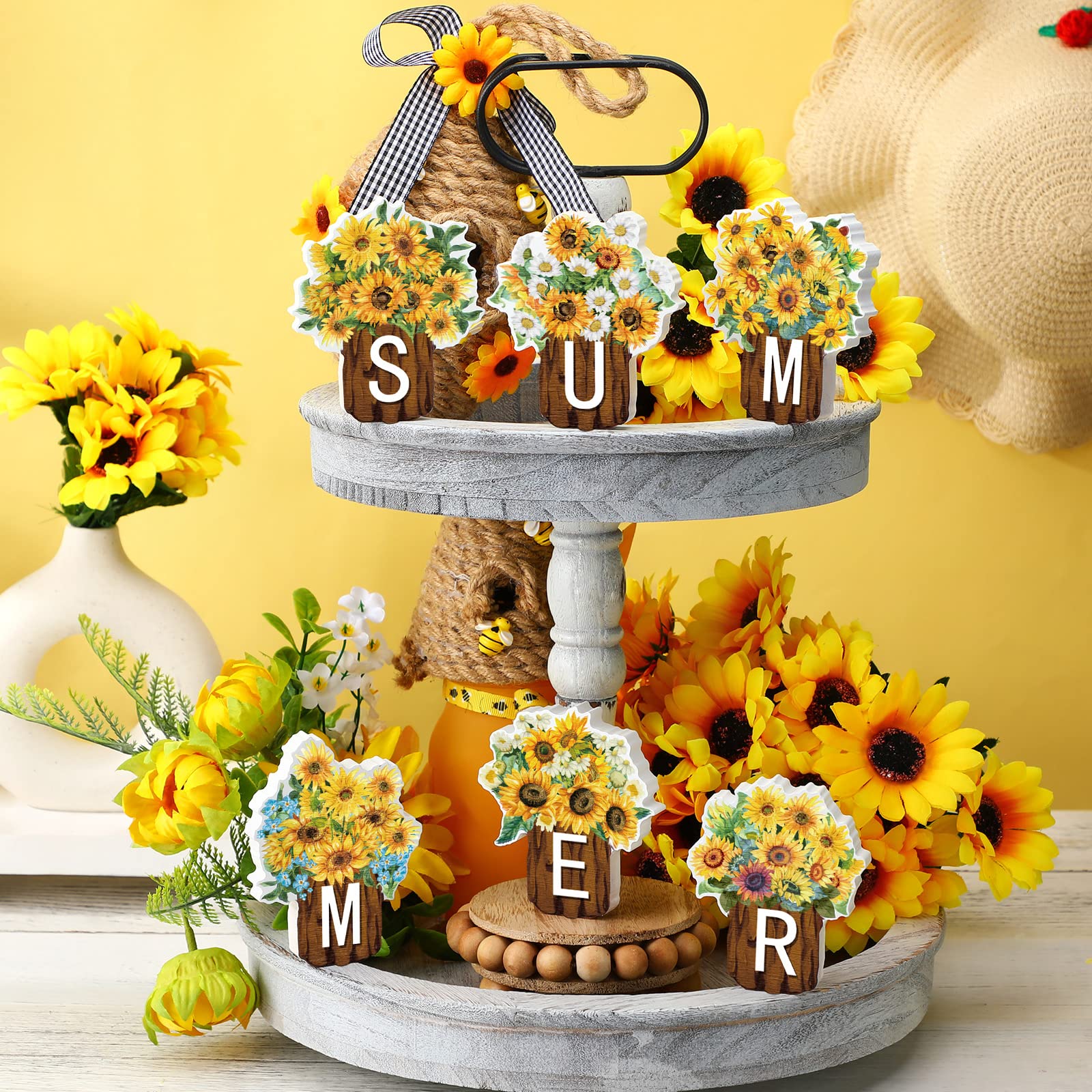 Maitys 6 Pcs Sunflower Summer Table Decor Wood Block Signs Farmhouse Tiered Tray Decor Flowers Tabletop Signs Decorations Wooden