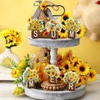 Maitys 6 Pcs Sunflower Summer Table Decor Wood Block Signs Farmhouse Tiered Tray Decor Flowers Tabletop Signs Decorations Wooden