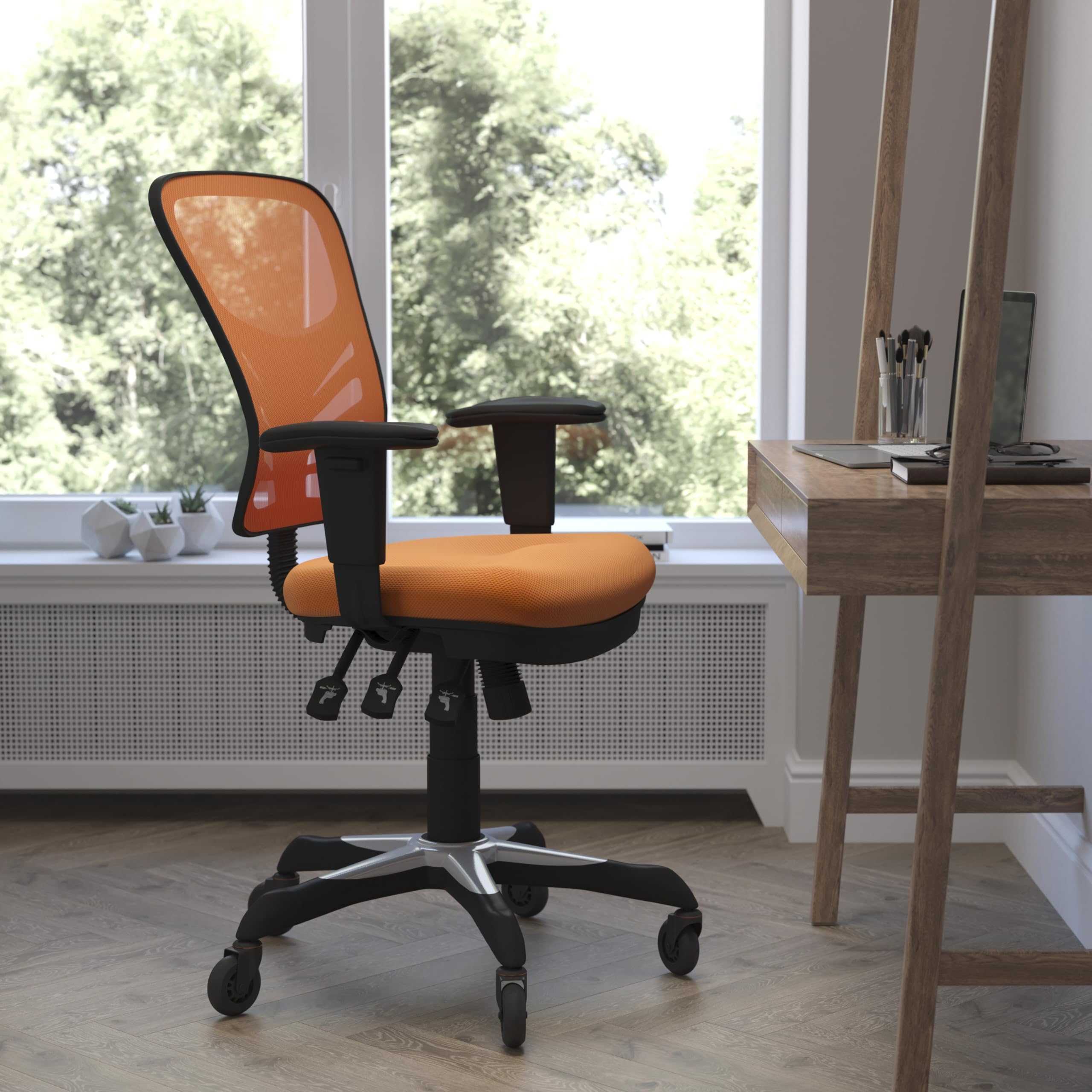 Flash Furniture Nicholas Mid-Back Orange Mesh Multifunction Executive Swivel Ergonomic Office Chair With Adjustable Arms And Transparent Roller Wheels