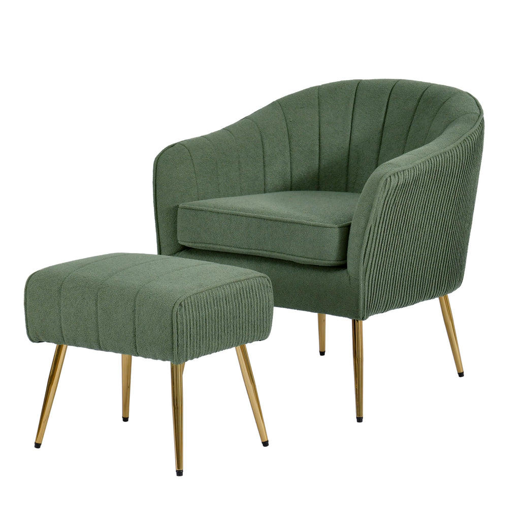 Best Quality Furniture Modern Accent Chair with Ottoman Set, Green Teddy Fabric Upholstery, Gold Chrome Legs, Channel Tufted Backrest
