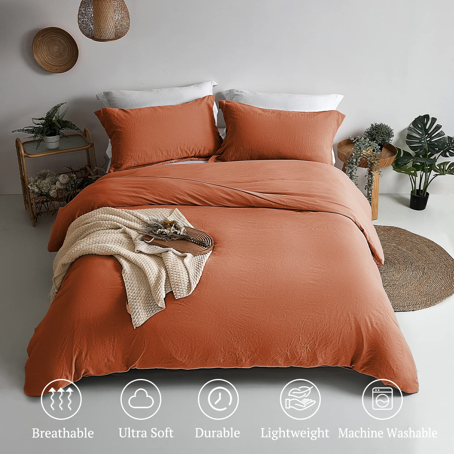 Mildly Super Soft Duvet Cover - 100% Washed Microfiber Rust Comforter Cover Set 3 Pieces With Zipper Closure & Corner Ties (No C