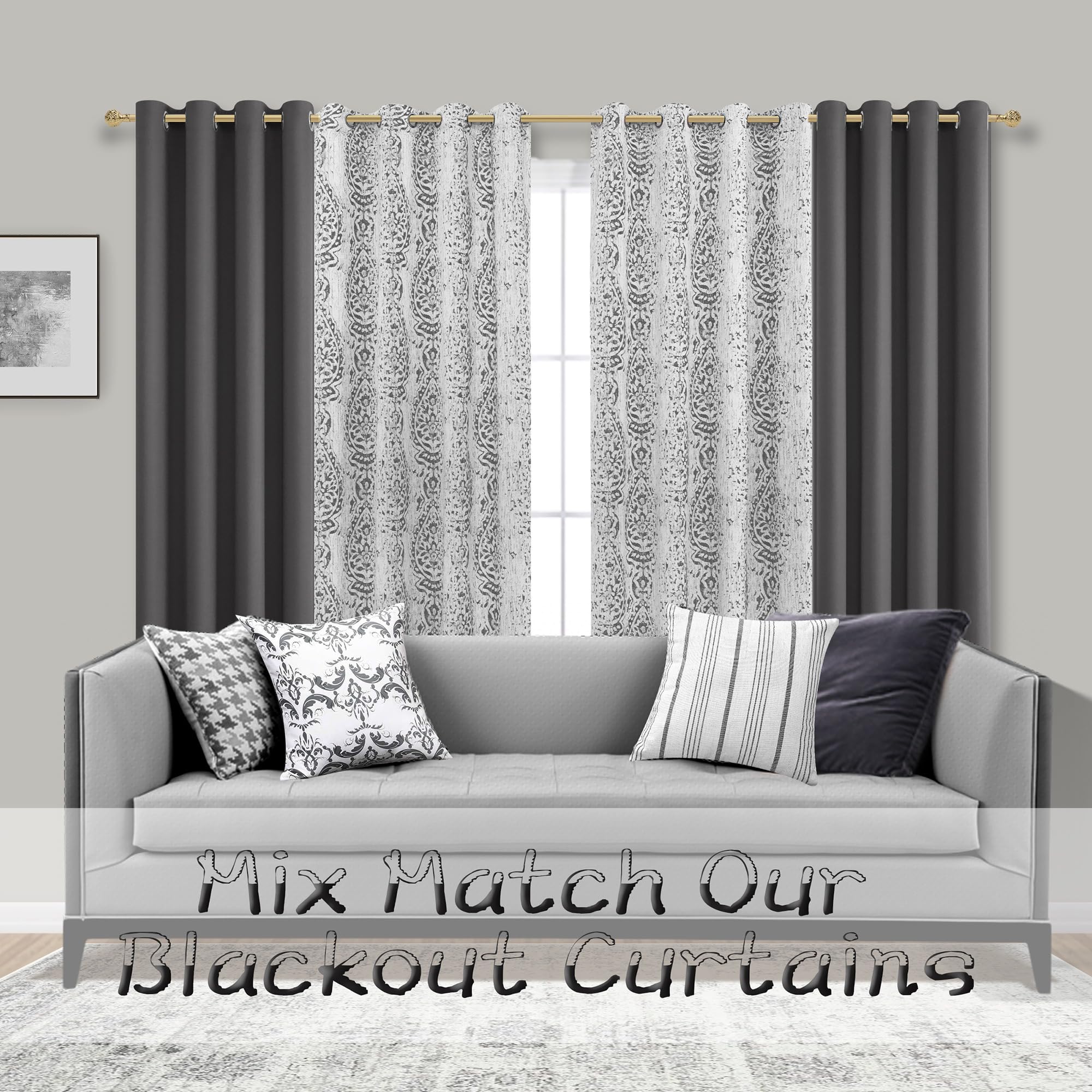 Mrs.Naturall Drapes 108 Inches Long Tall Curtains For High Ceiling Living Room 2 Panel With Damask Print Design Grommet Room Darkening Draperies For Sliding Glass Door,Grey And White