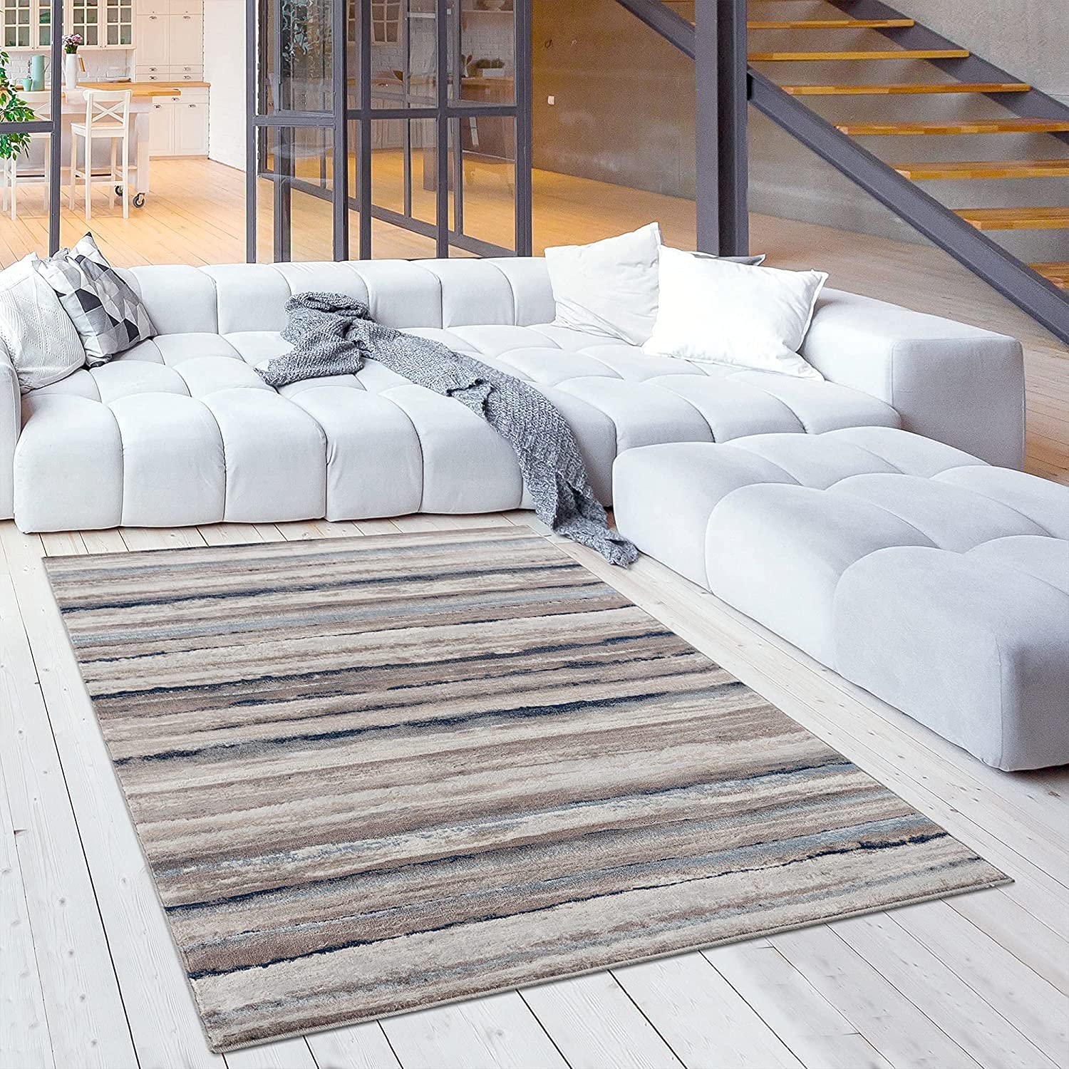 HomeRoots 100% Polypropylene 4’ x 6’ Blue and Beige Distressed Stripes Area Rug