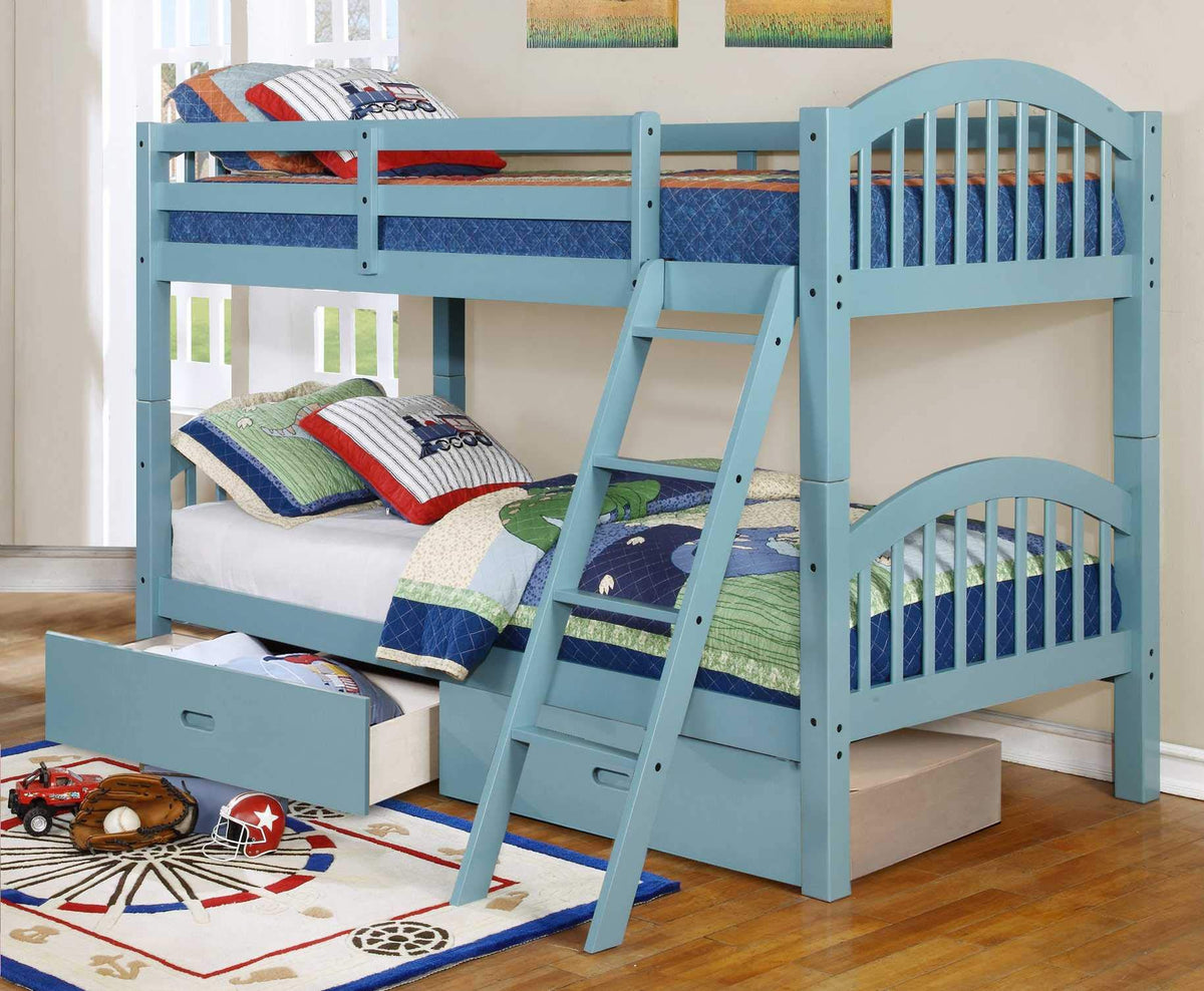 81'.25' X 42'.5' X 62'.5' Blue Solid and Manufactured Wood Twin/Twin Arched Wood Bunk Bed with 2 Drawers