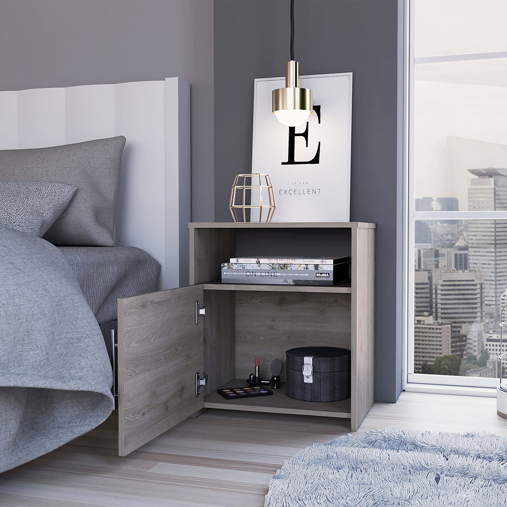 Omaha Nightstand, Single Door Cabinet, Metal Handle, 1 Shelf, Superior Top, Light Gray