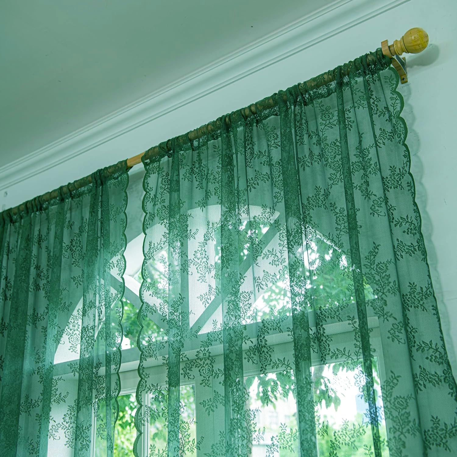 Deeprove Dark Emerald Green Lace Sheer Curtains 84 Inches Long 2 Panels Set, Hunter Florals Vintage Window Treatment Xmas Christ