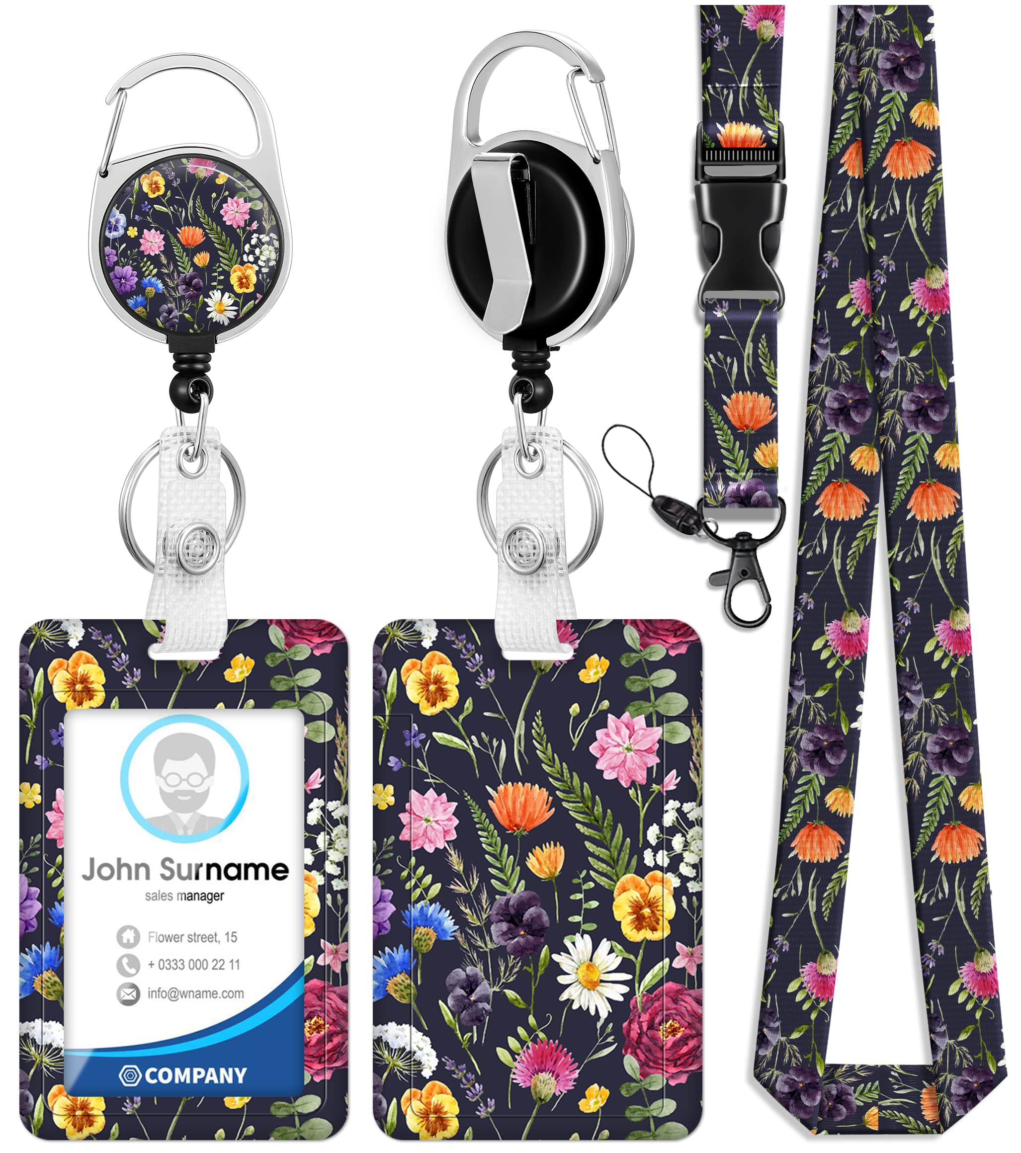 Toykee Id Badge Holder With Lanyard And Retractable Badge Reel Clip, Retro Flowers Bouquet Floral Card Name Tag Lanyard Vertical