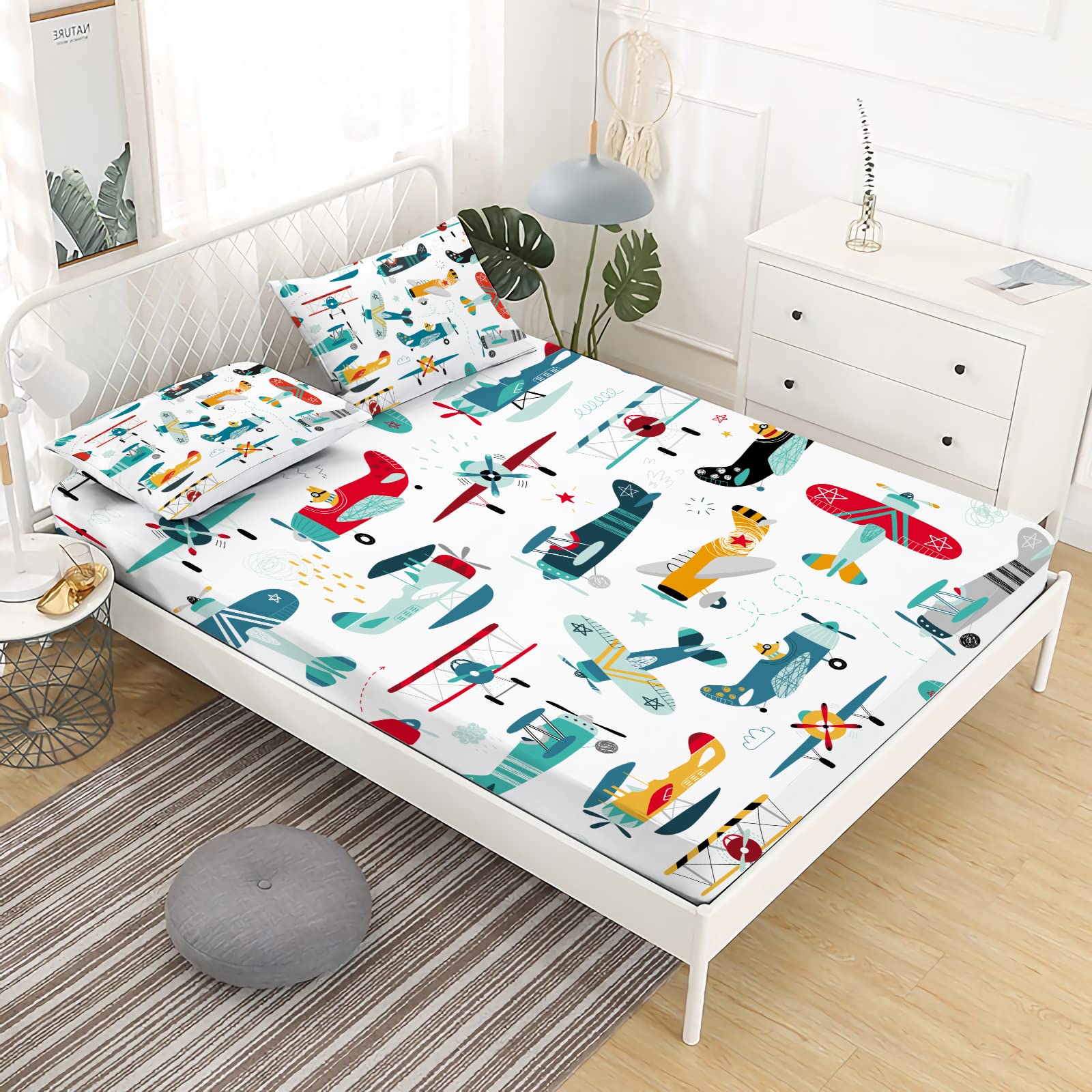 Yasida Cartoon Airplane Bed Sheets Set Queen Size For Kids Teens Colorful Cartoon Propeller Plane Bed Fitted Sheets Boys Girls T