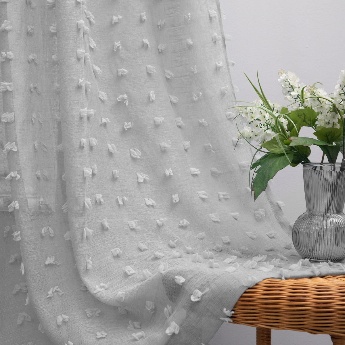 KOUFALL Grey Textured Sheer Curtains 96 Inches Long for Living Room Pom Pom Boho Fluffy Furry Back Tab Ceiling to Floor Length R