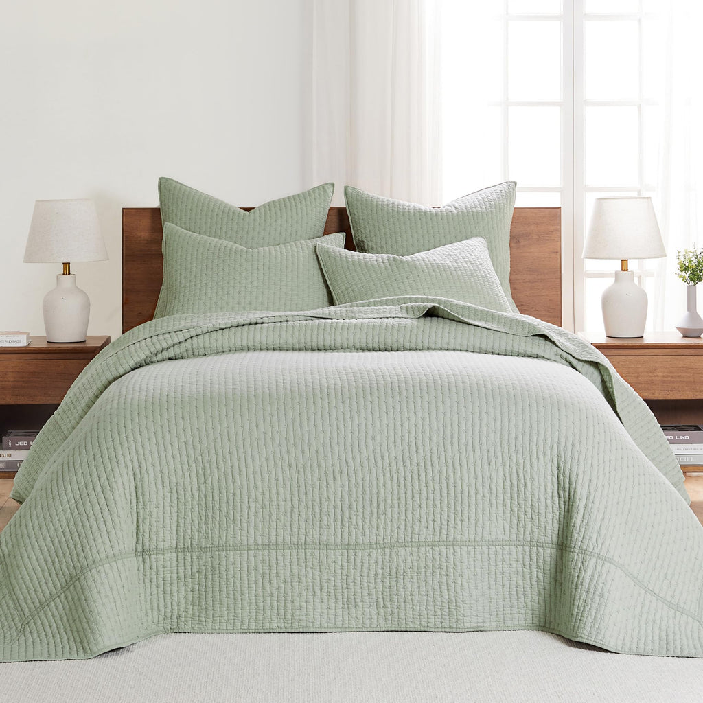 Levtex Home - Cross Stitch Desert Sage Bedspread Set - Full Quilted Bedspread And Two Standard Shams - Cross Stitch Pattern - Be